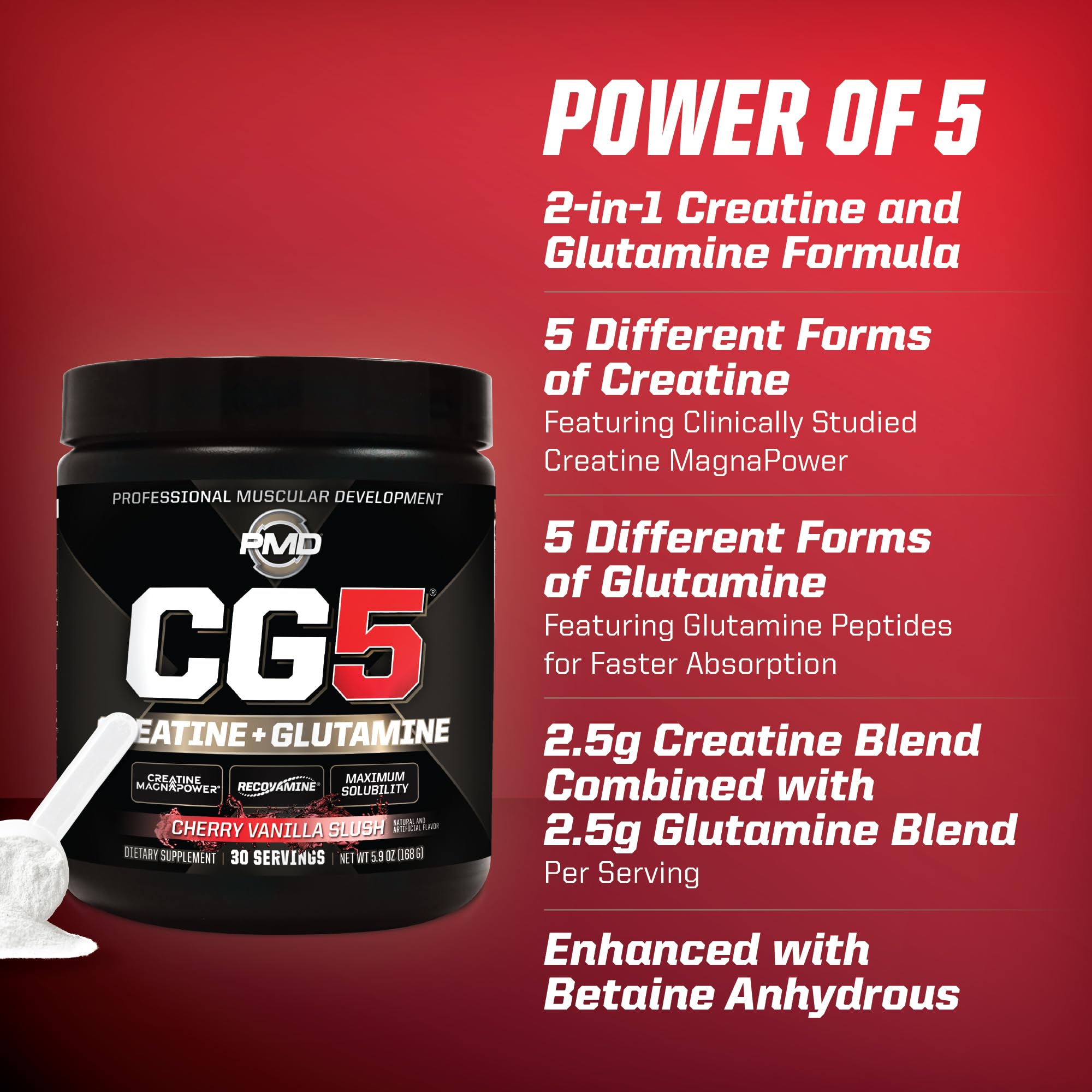 PMD CG5 Creatine Supplement 209g scoop and powder