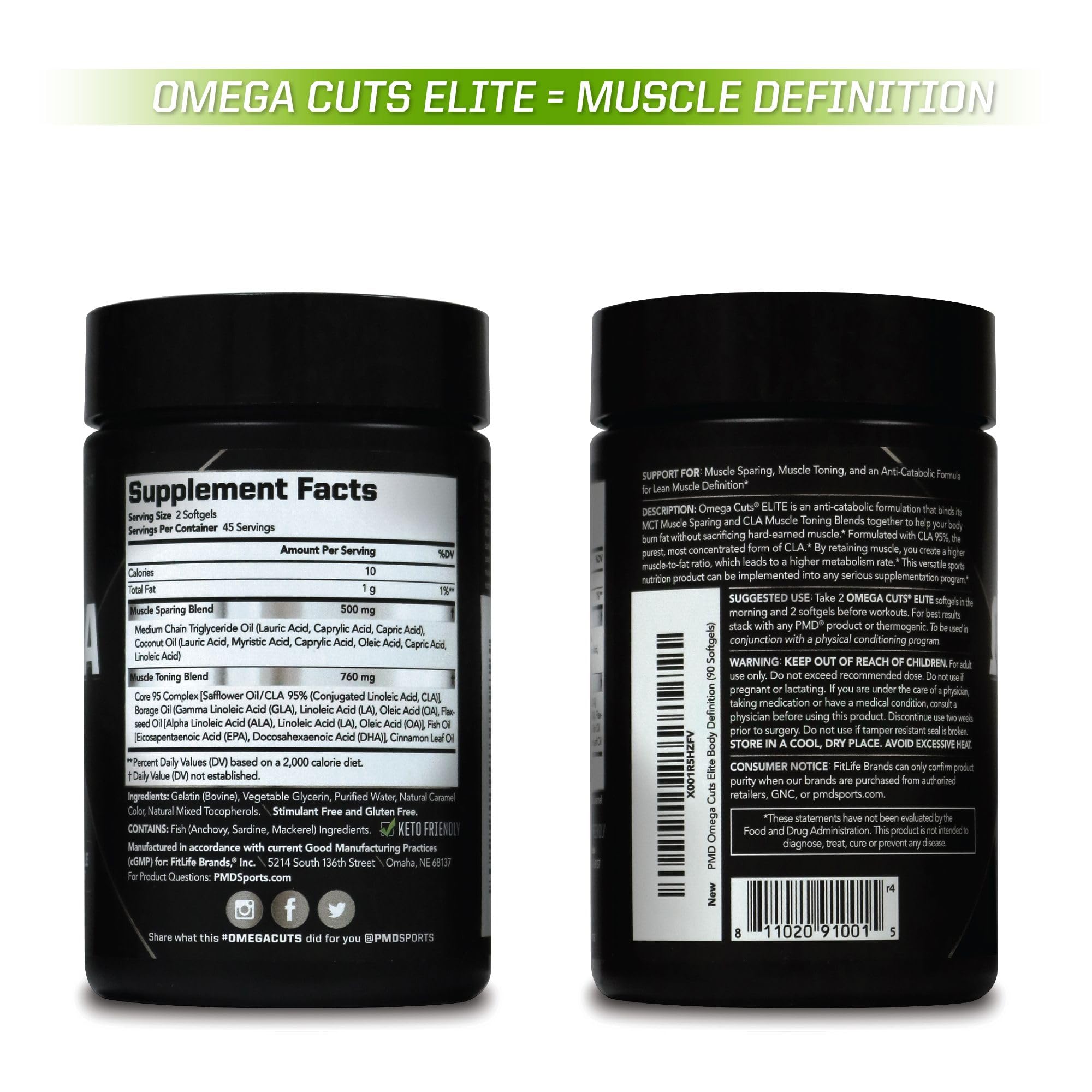 PMD Omega Cuts Elite CLA Softgels displayed with workout equipment