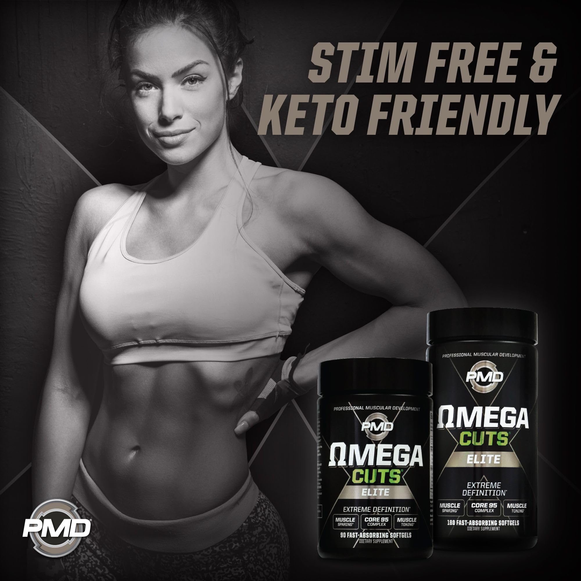 PMD Omega Cuts Elite CLA Softgels lifestyle scene with fitness gear