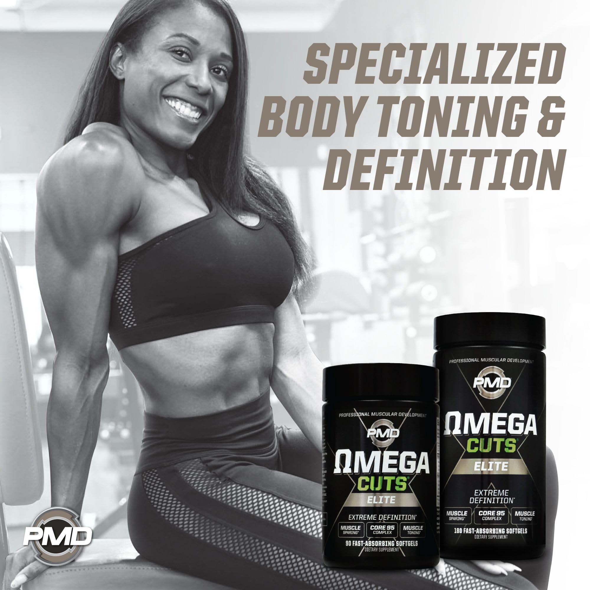 PMD Omega Cuts Elite CLA Softgels on a gym bench