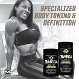 PMD Omega Cuts Elite CLA Softgels on a gym bench