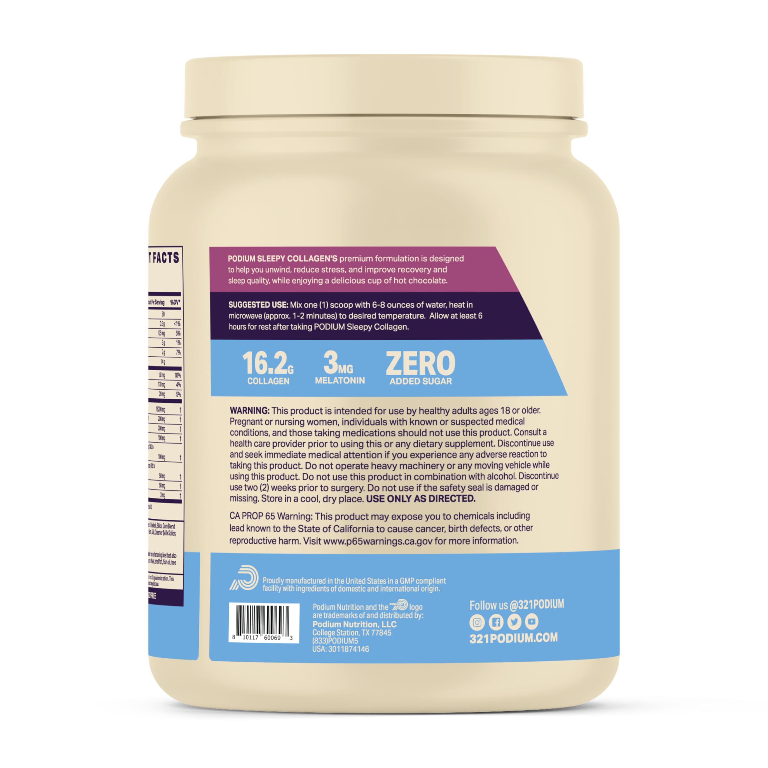Podium Nutrition Sleepy Collagen 454g on a kitchen counter
