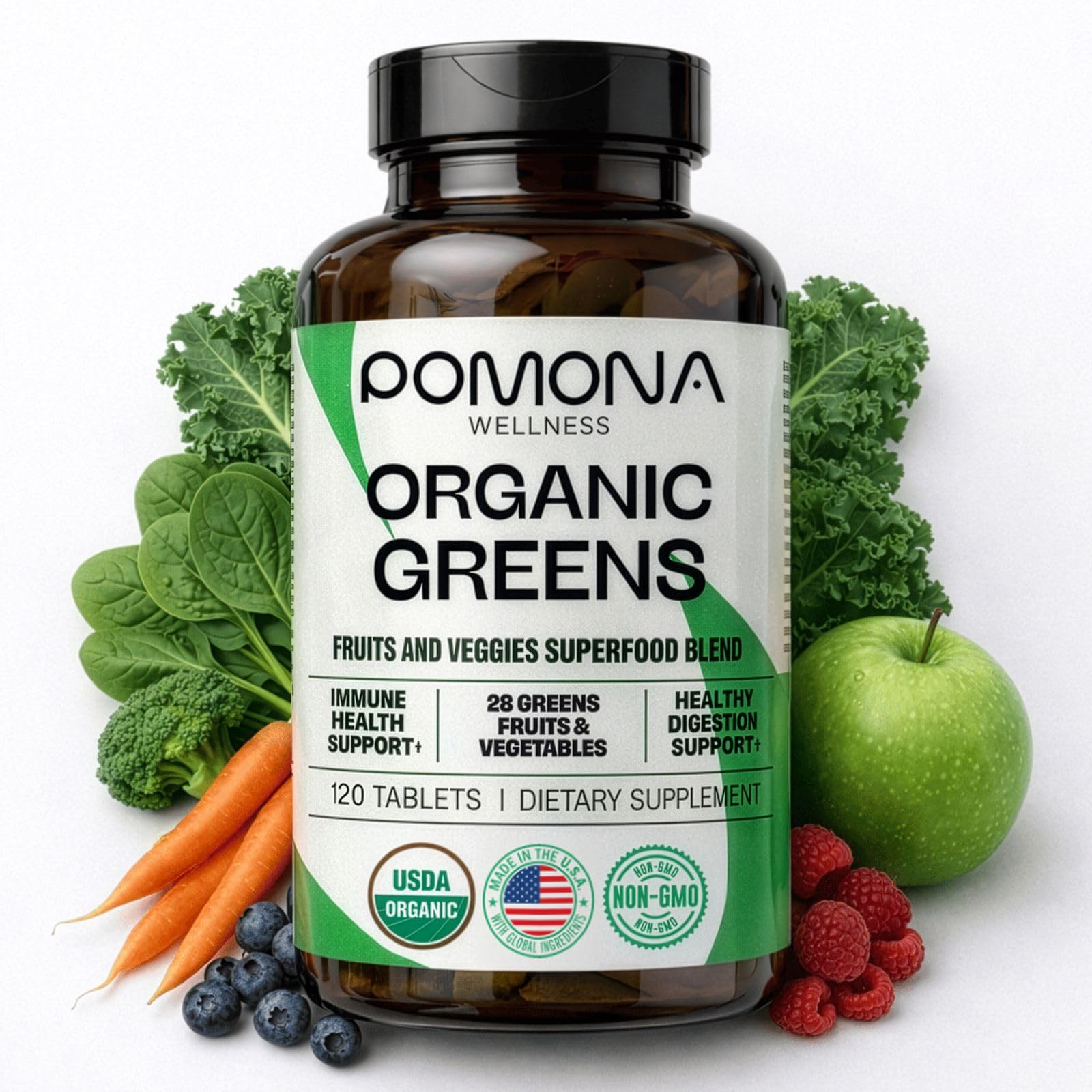 Pomona Wellness Organic Greens Powder Supplement tablet front view