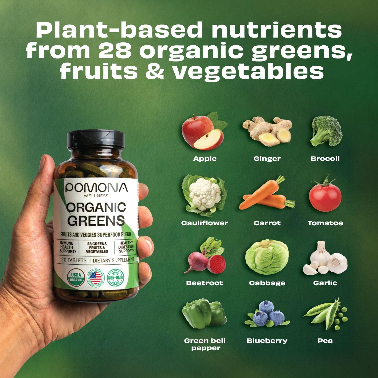 Pomona Wellness Organic Greens Powder Supplement tablet with fresh vegetables