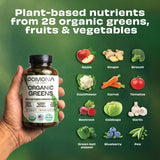 Pomona Wellness Organic Super Greens Blend tablet bottle with fresh greens