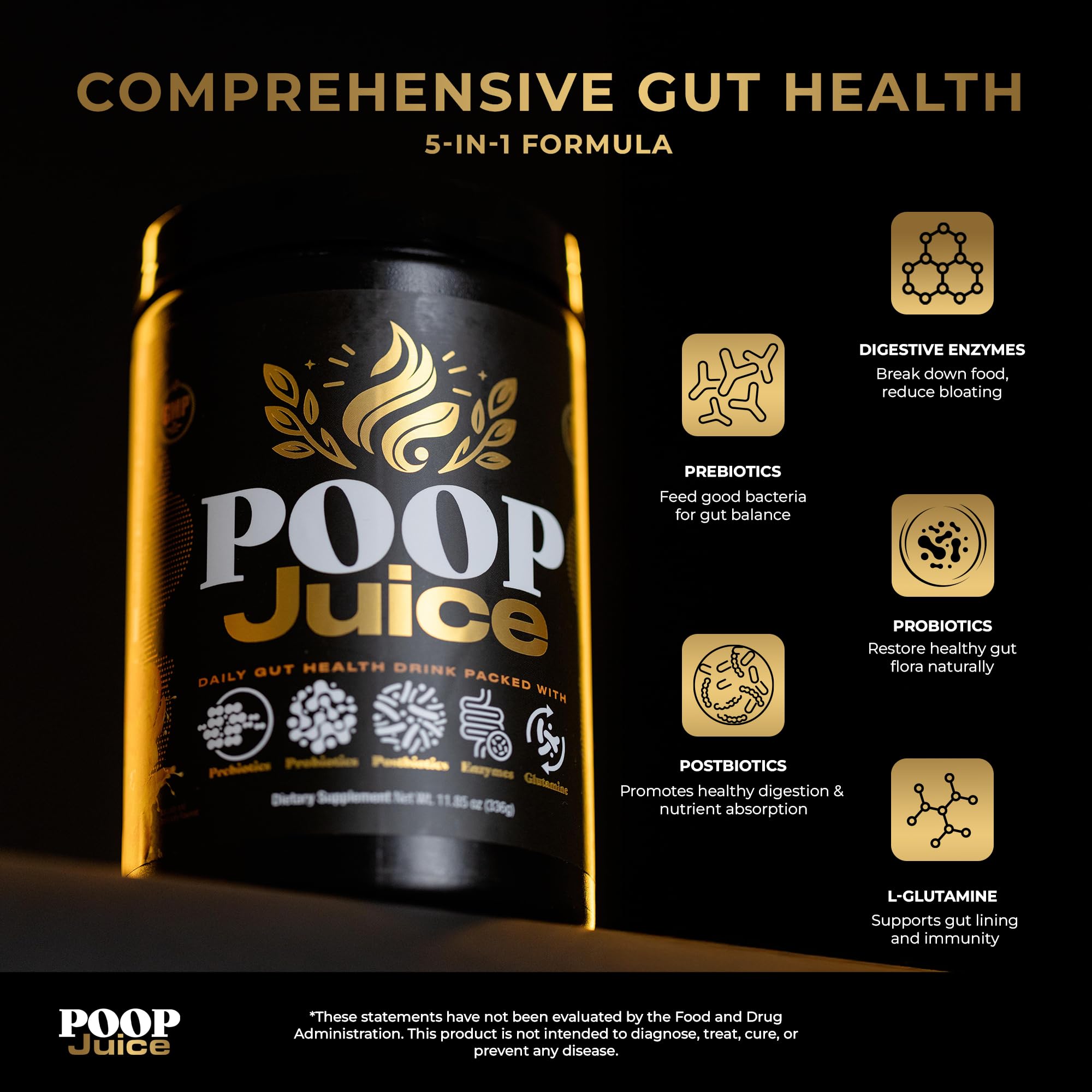 Poop Juice 5-in-1 a daily routine Supplement packaging side view