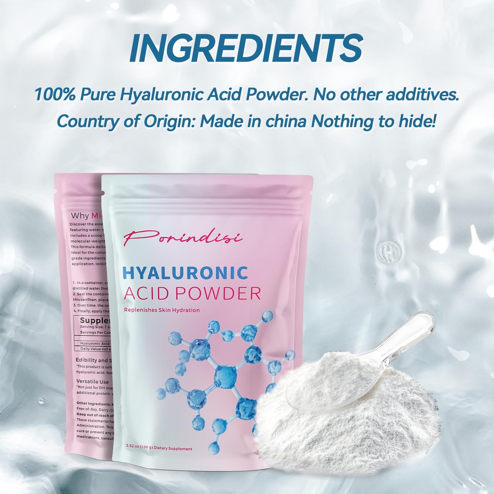 Porindisi Hyaluronic Acid Powder in a bowl for mixing