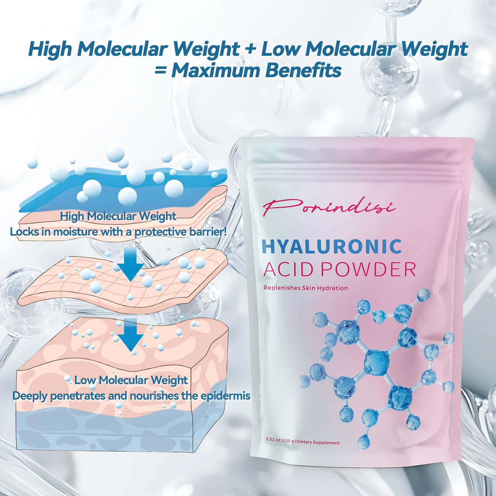 Porindisi Hyaluronic Acid Powder with skincare products