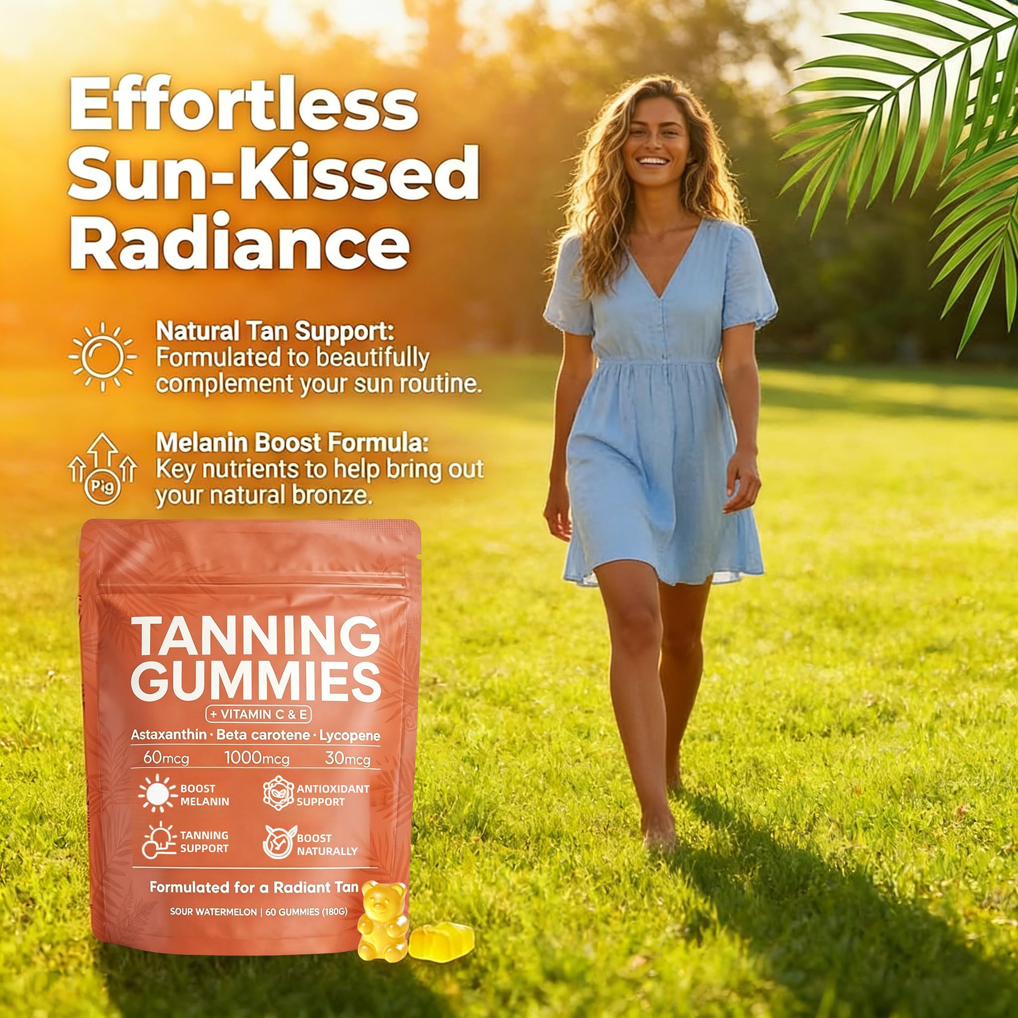POSOJPIP Skin Tanning Gummies on a kitchen counter