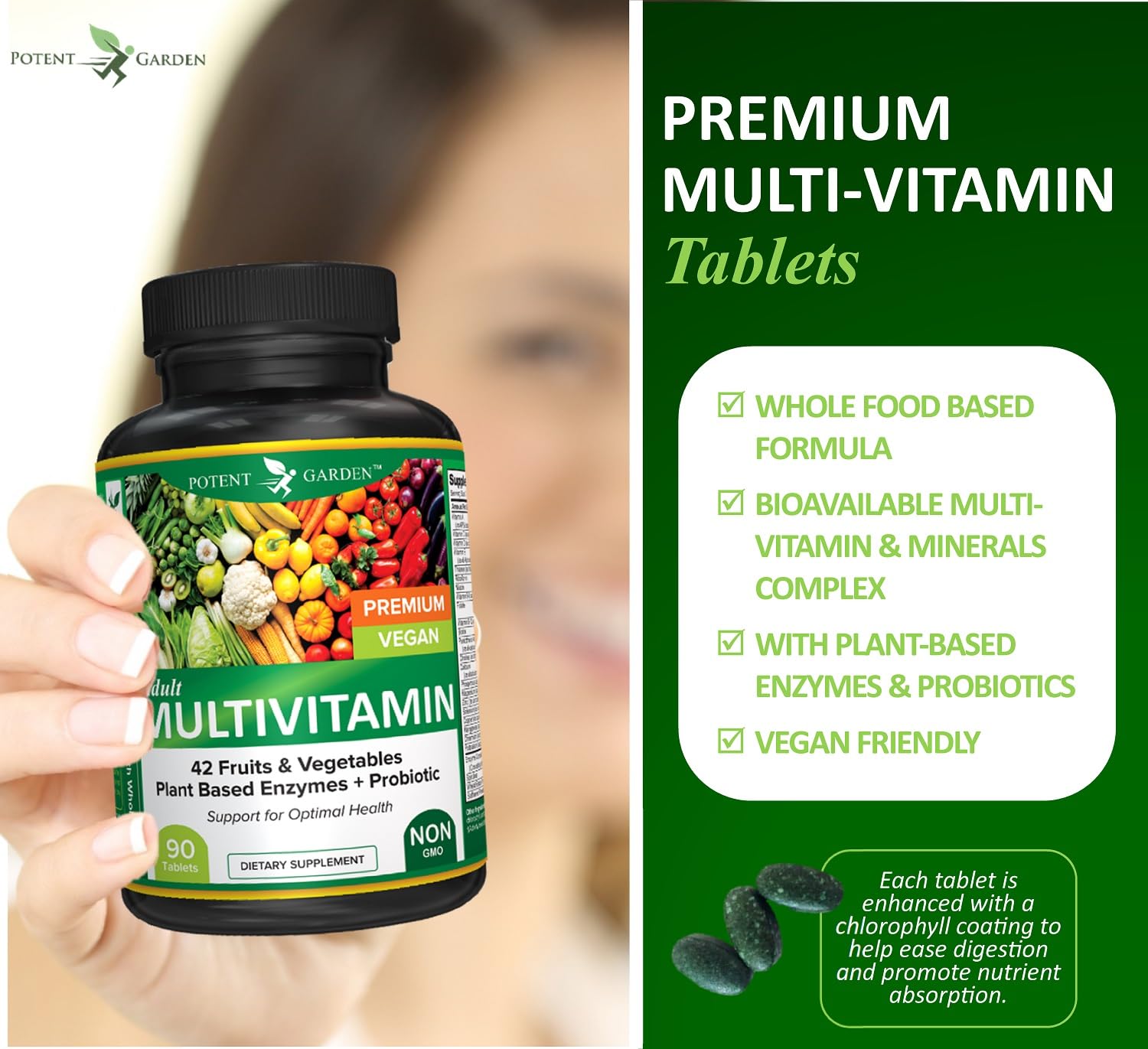Potent Garden Multivitamins displayed on a wooden table