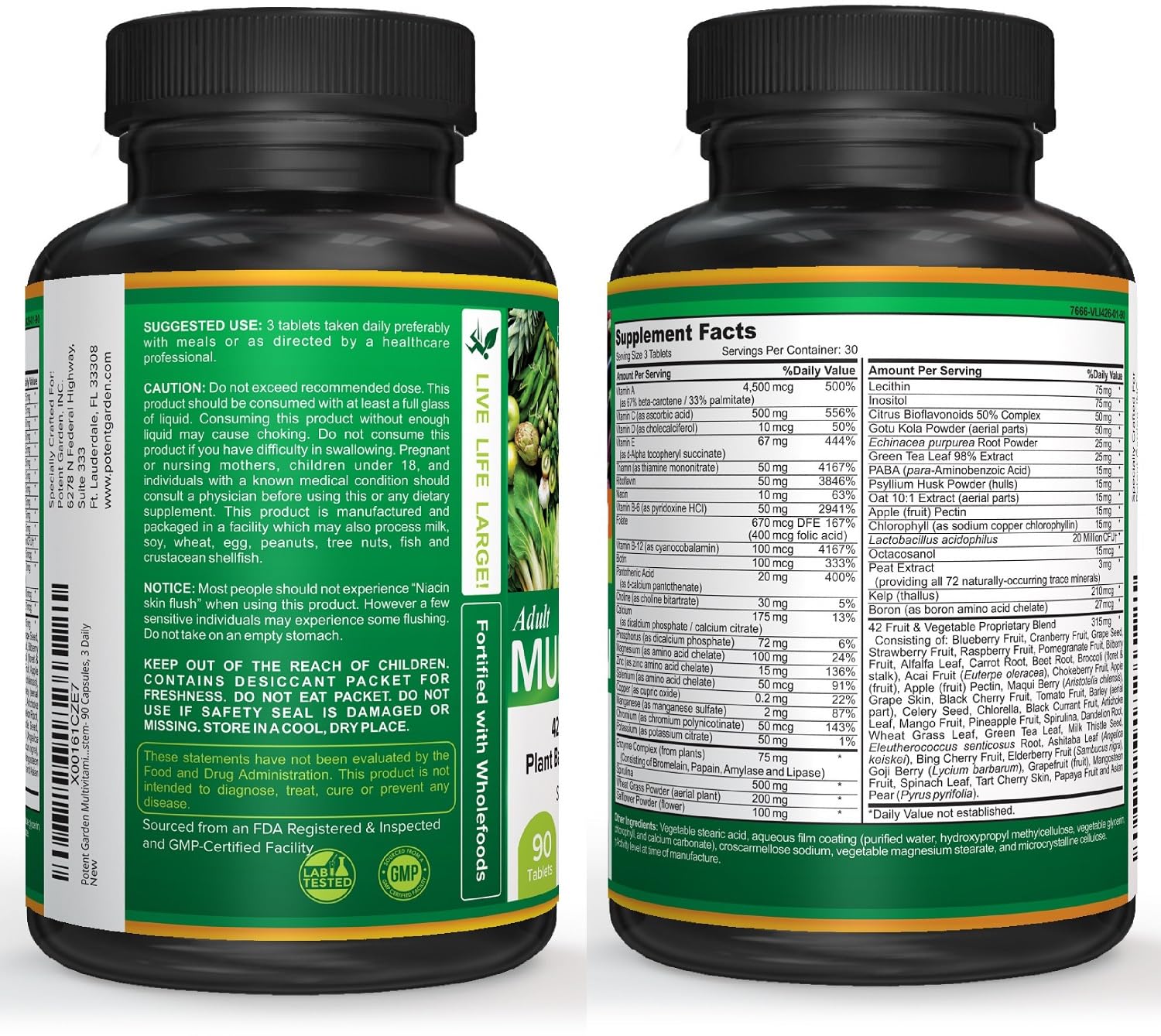 Potent Garden Multivitamins with fruits and vegetables background