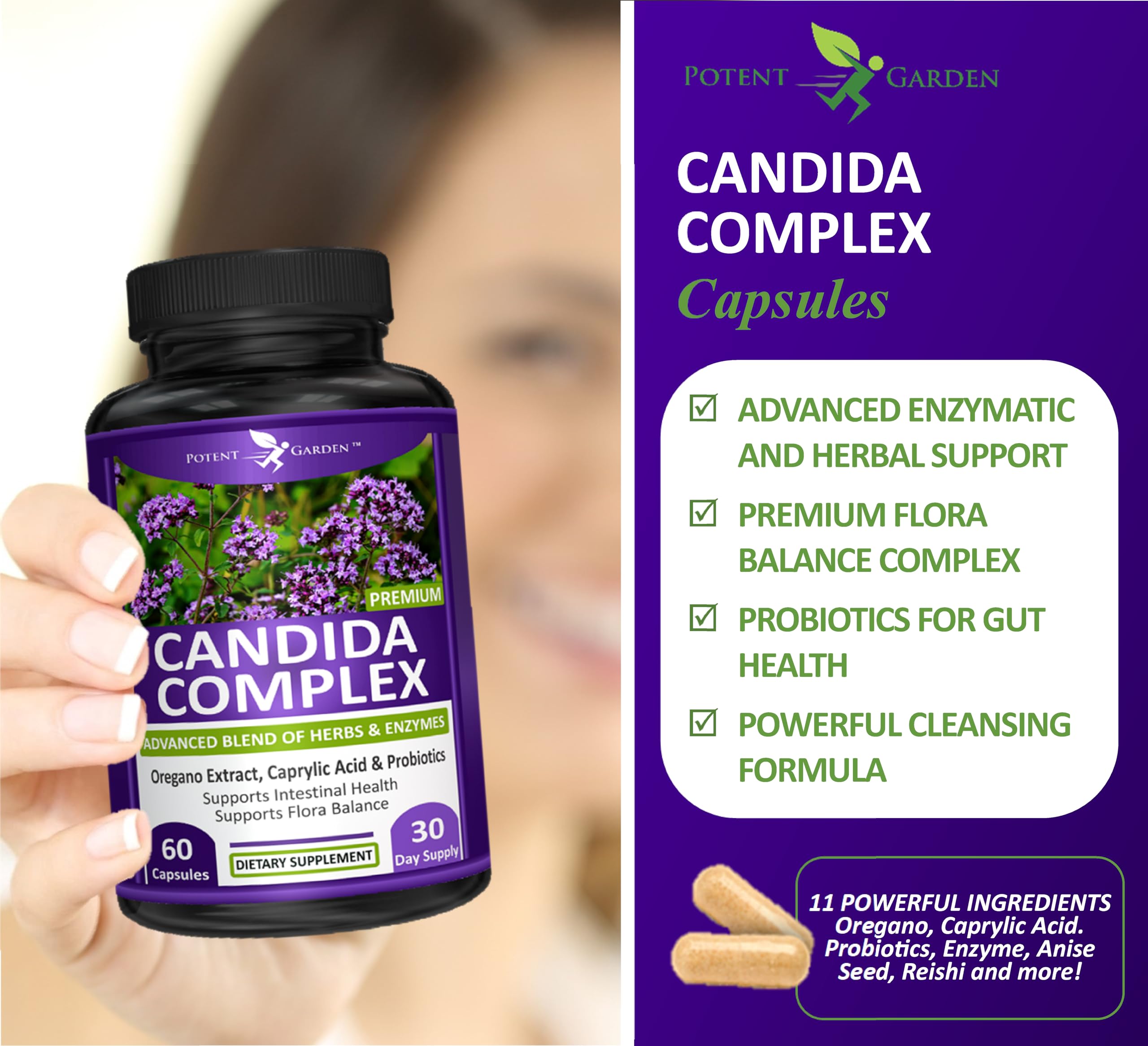 Potent Garden Oregano Supplement capsules on a wooden table