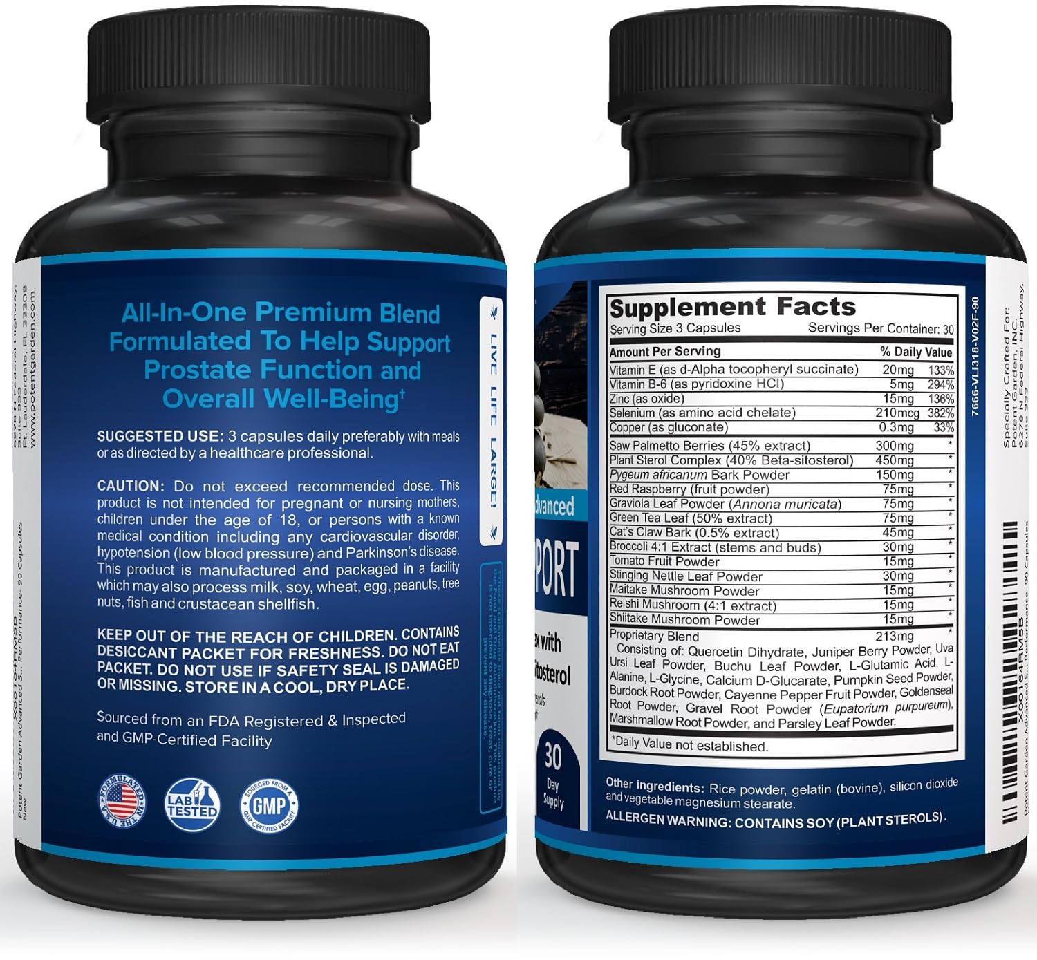 Potent Garden Saw Palmetto Supplement 450mg capsules on a table