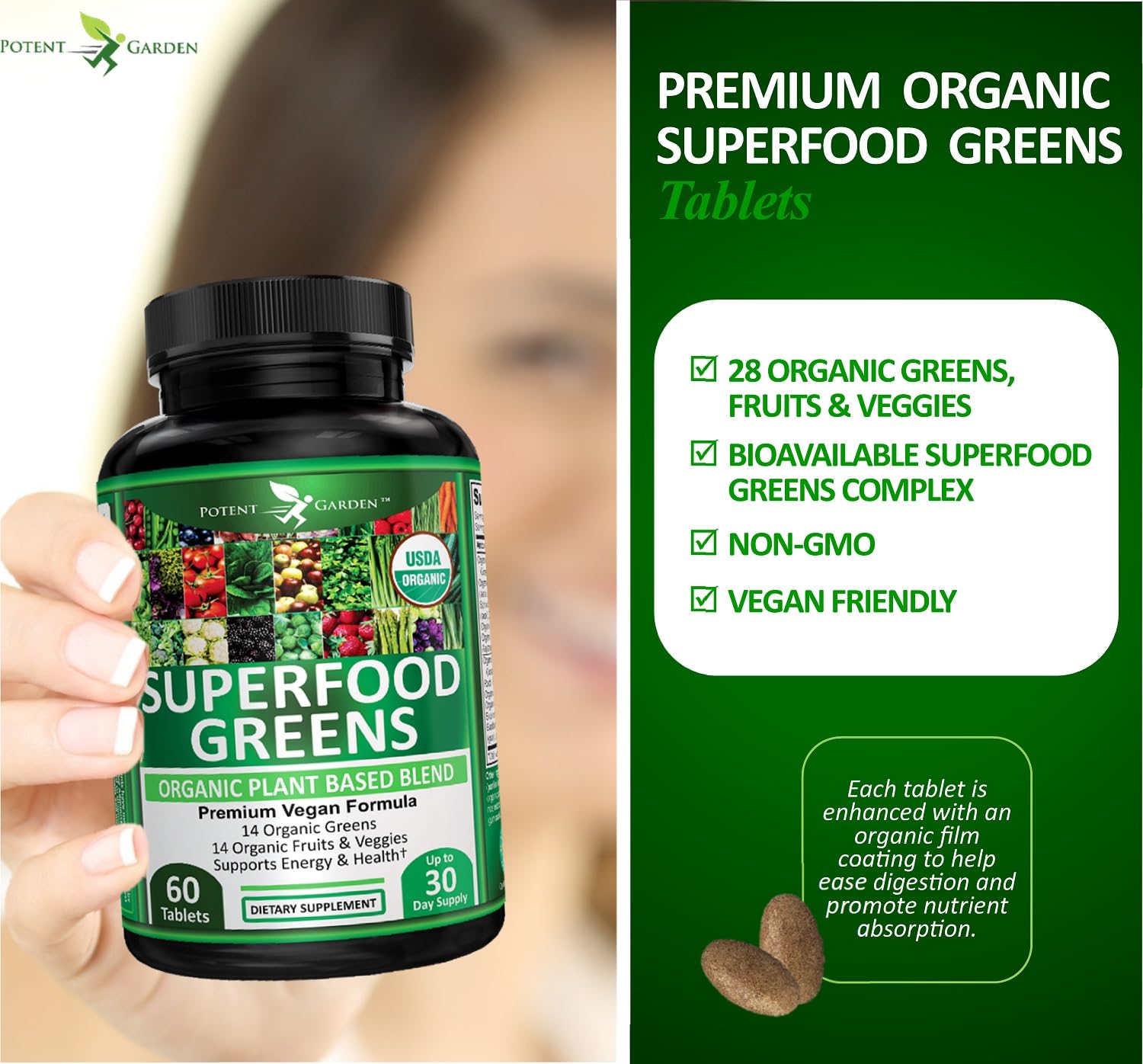 Potent Garden Super Greens Capsules back view with ingredient list