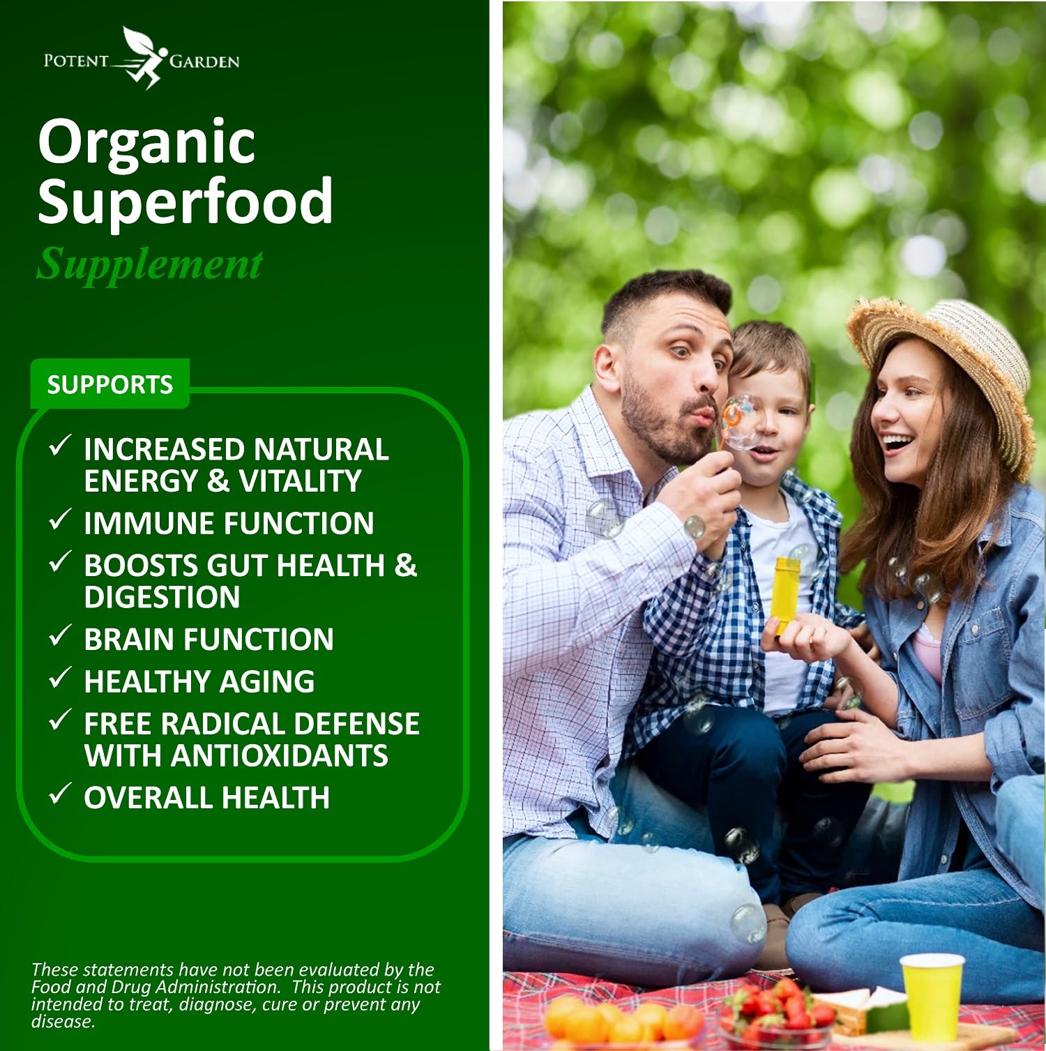 Potent Garden Super Greens Capsules displayed with organic fruits and vegetables