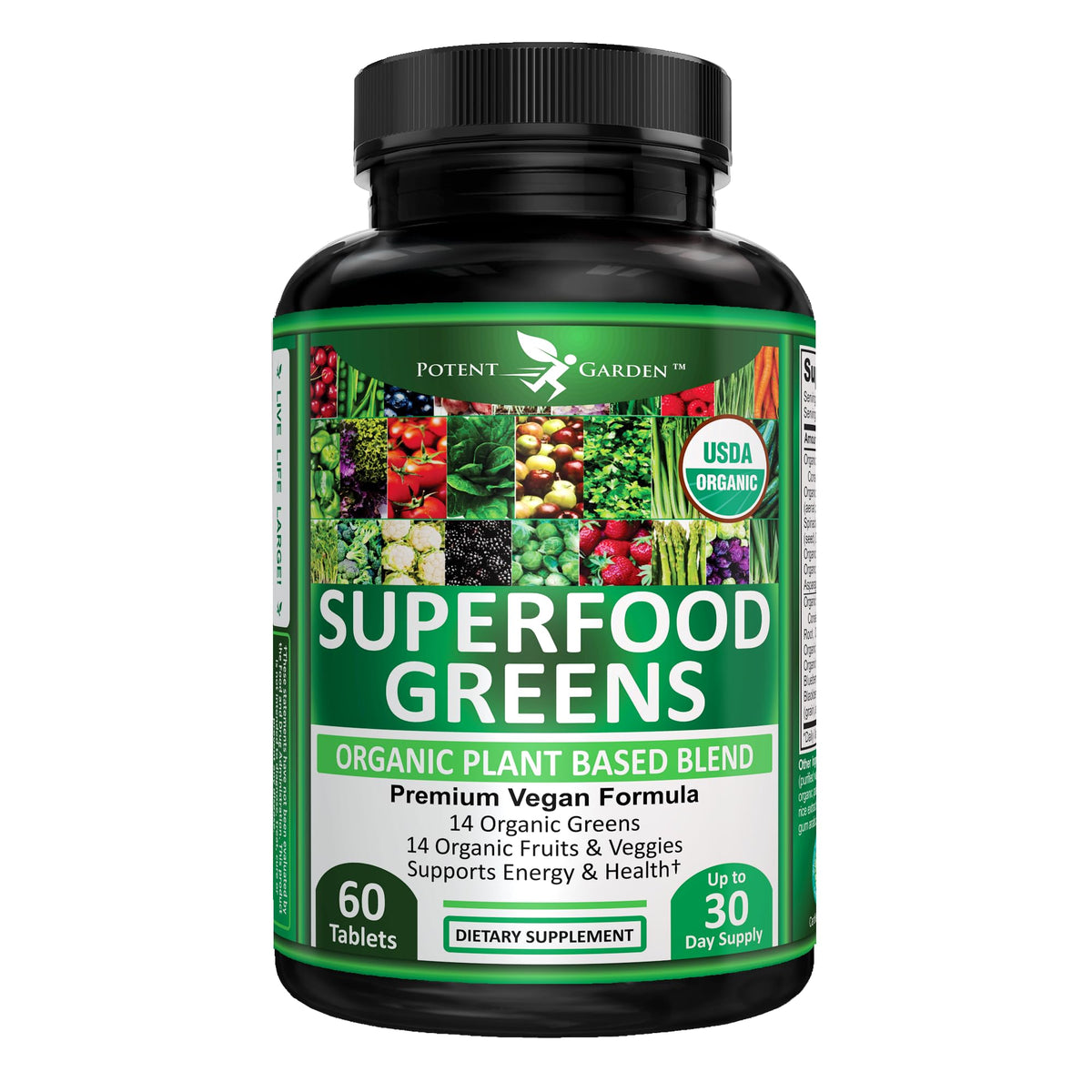 Potent Garden Super Greens Capsules front view with packaging