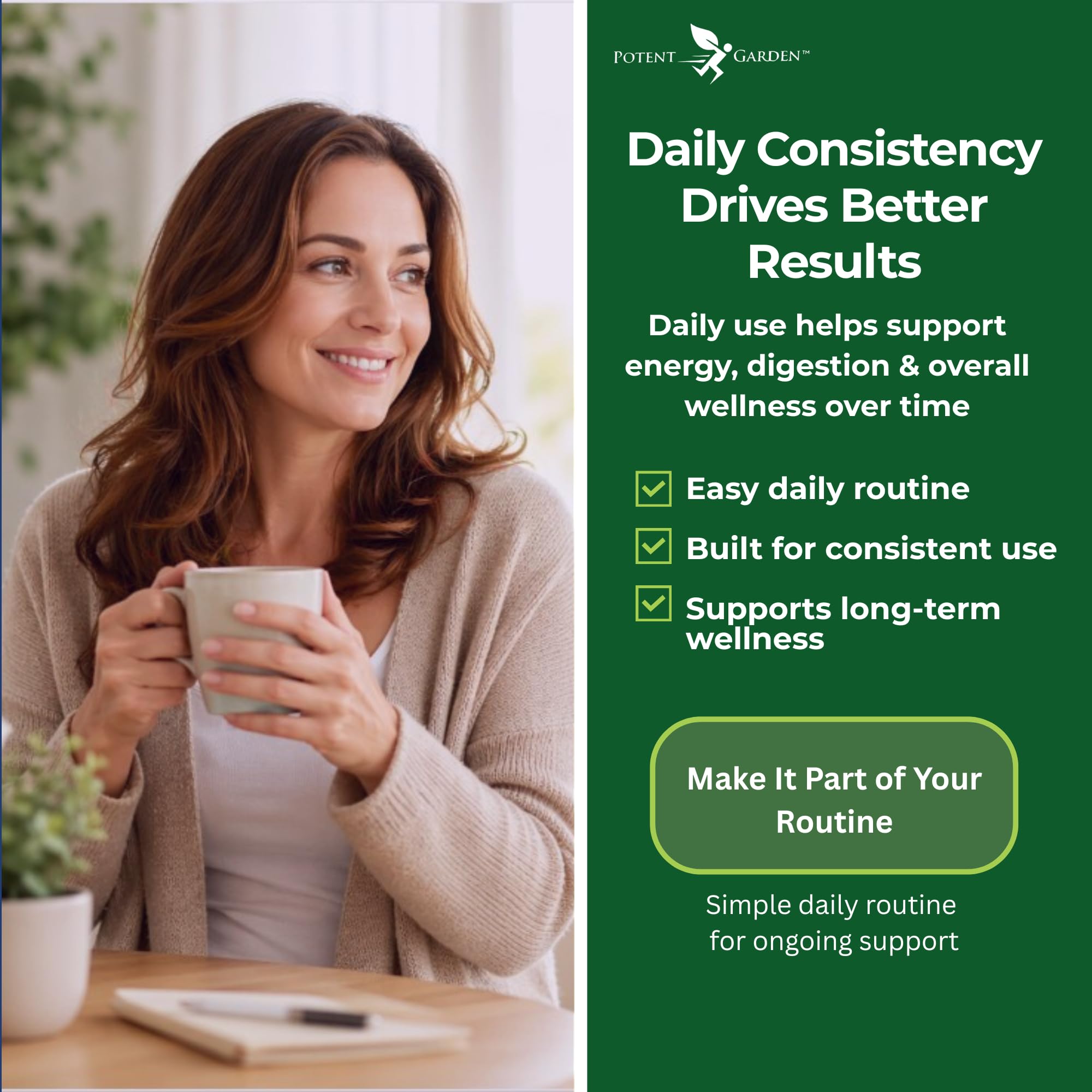 Potent Garden Super Greens Capsules lifestyle shot with healthy foods
