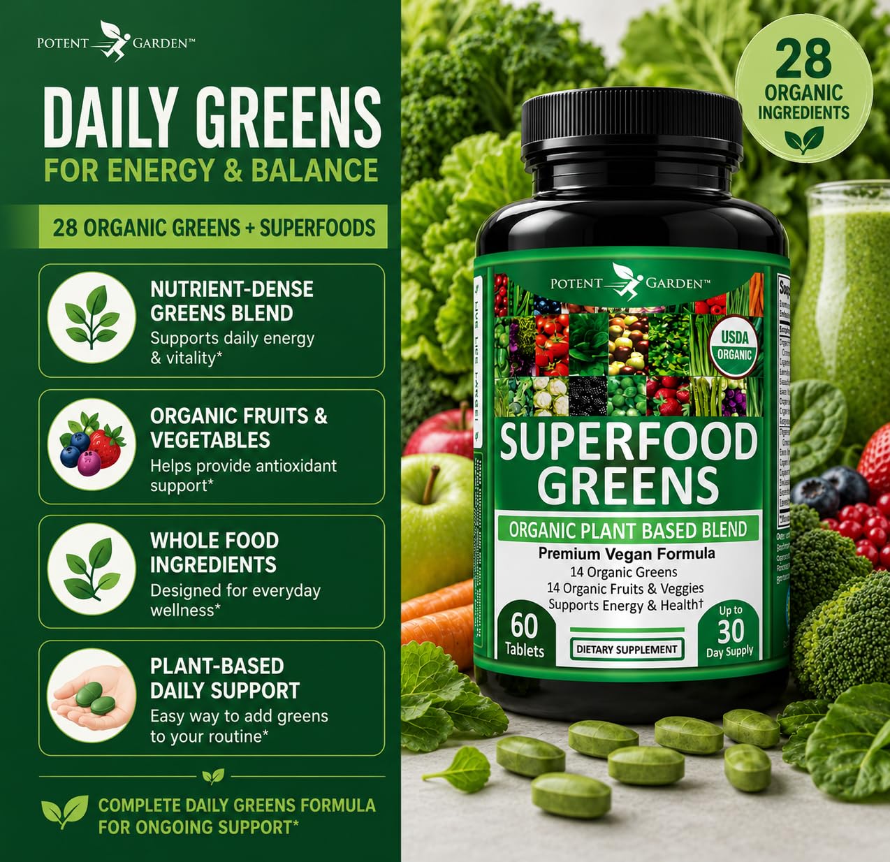 Potent Garden Super Greens Capsules on a wooden table