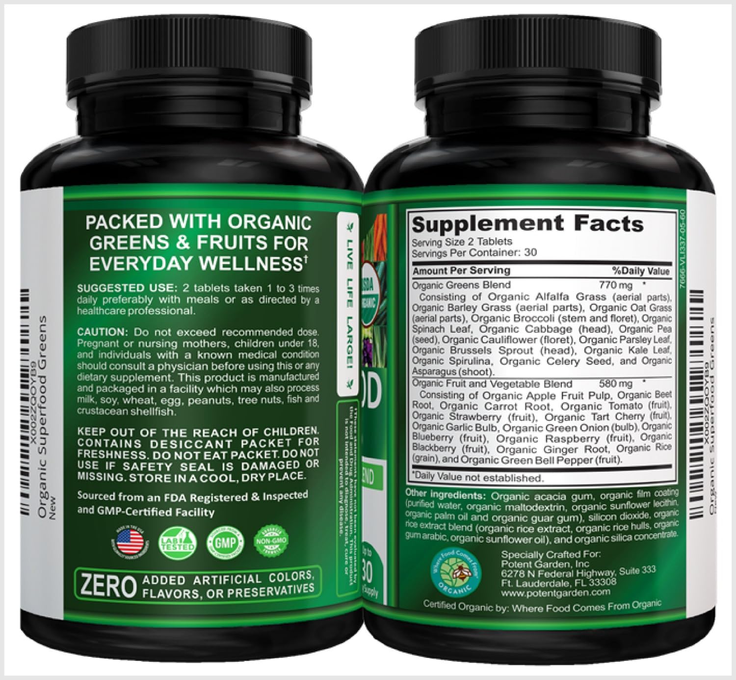 Potent Garden Super Greens Capsules opened bottle showing capsules