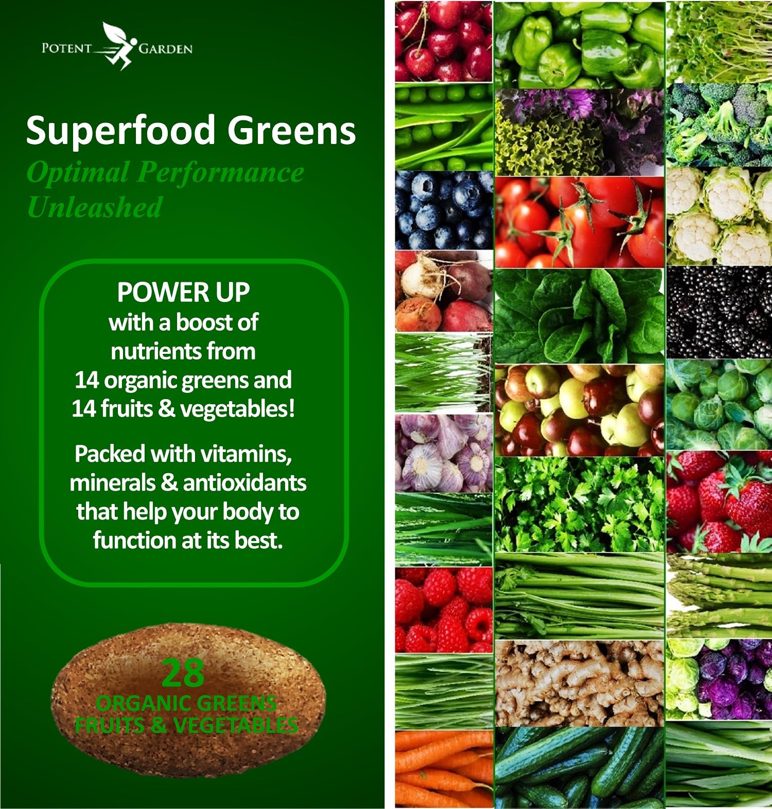 Potent Garden Super Greens Capsules side view showing tablet size
