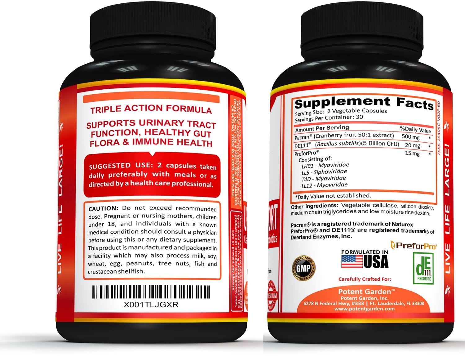 Potent Garden Urinary Support Cranberry Capsules 500mg capsules on a wooden surface