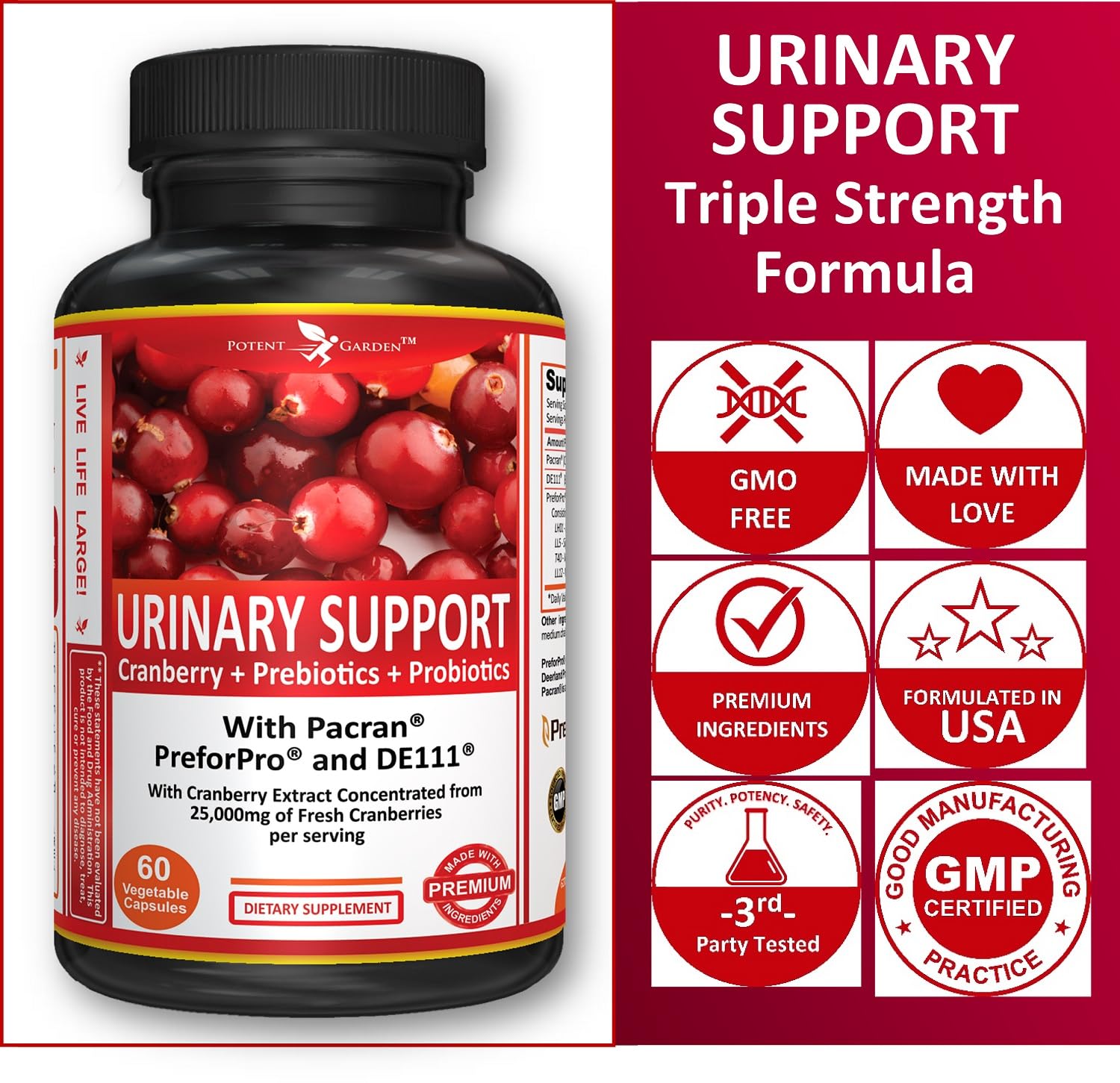 Potent Garden Urinary Support Cranberry Capsules 500mg with fresh cranberries