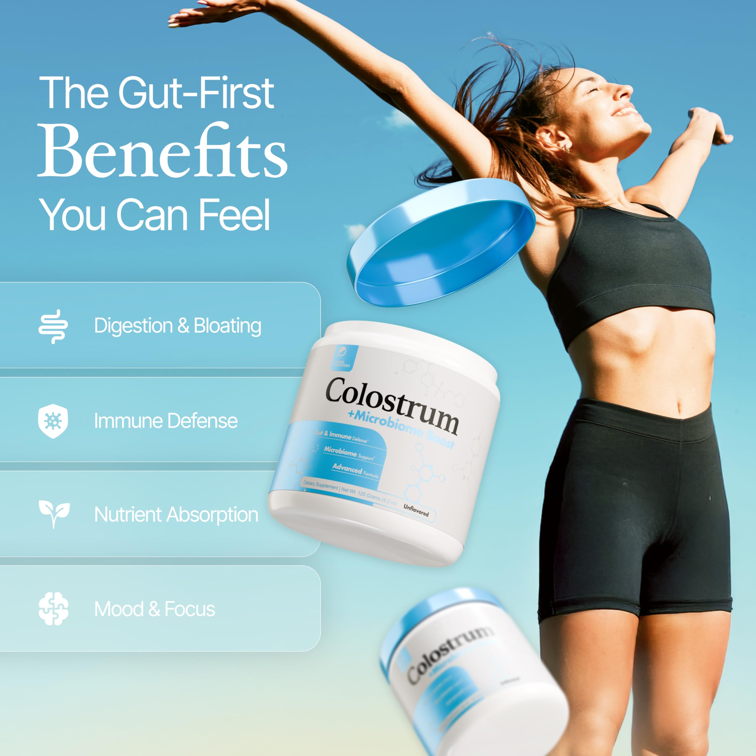 Powders Gut-Loving Colostrum Supplement scoop and powder