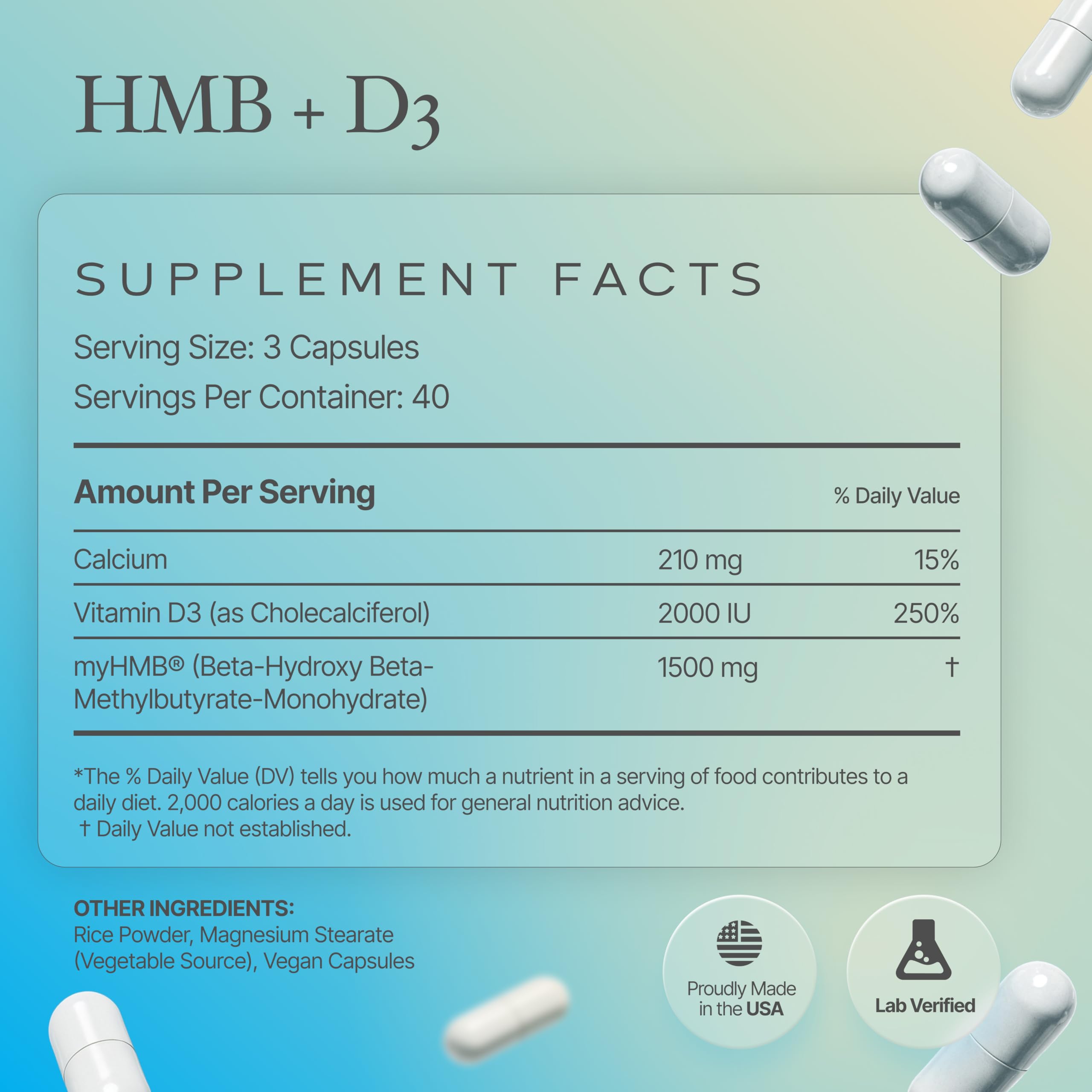 Powders HMB + D3 Supplement bottle on a kitchen counter