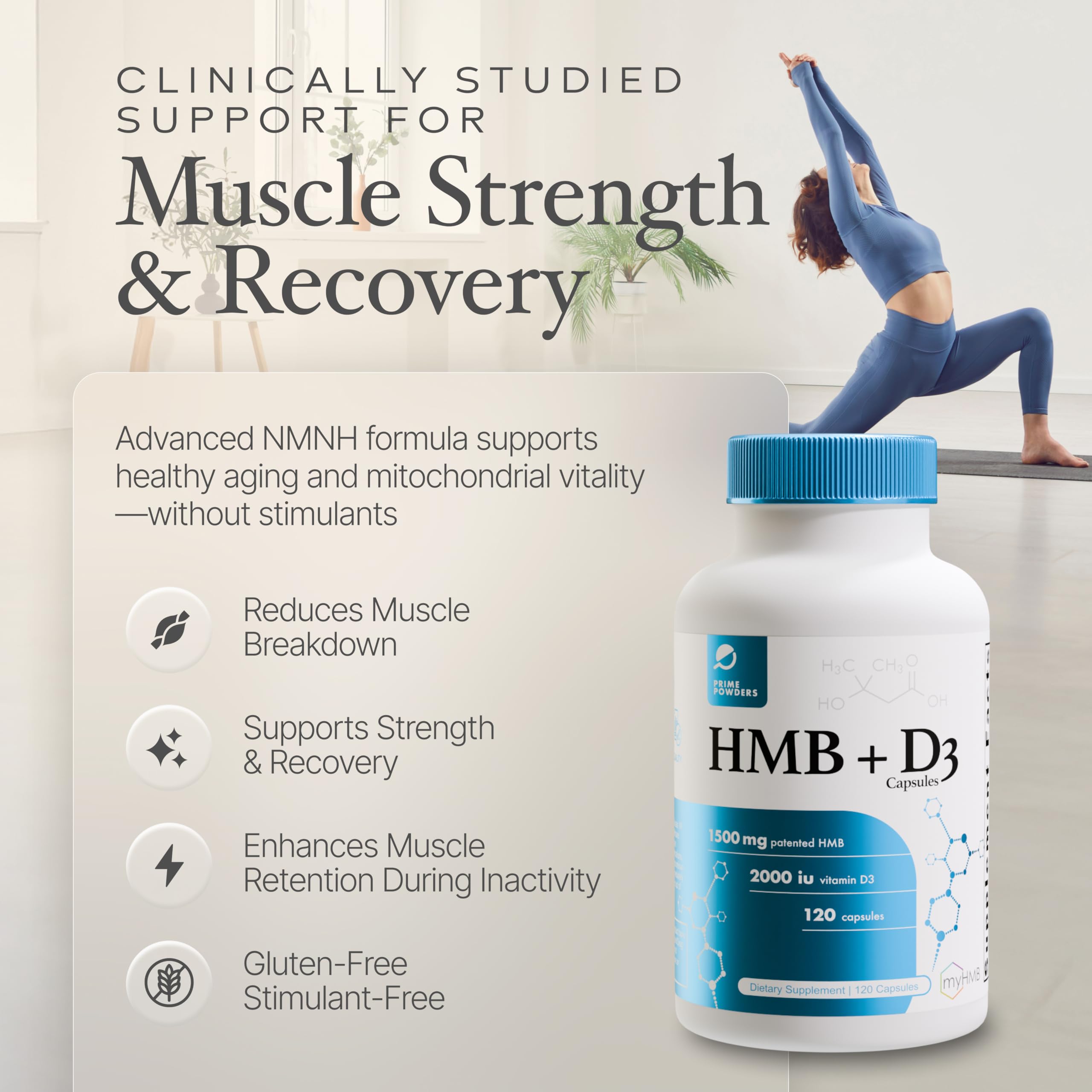 Powders HMB + D3 Supplement vegetarian capsules close-up