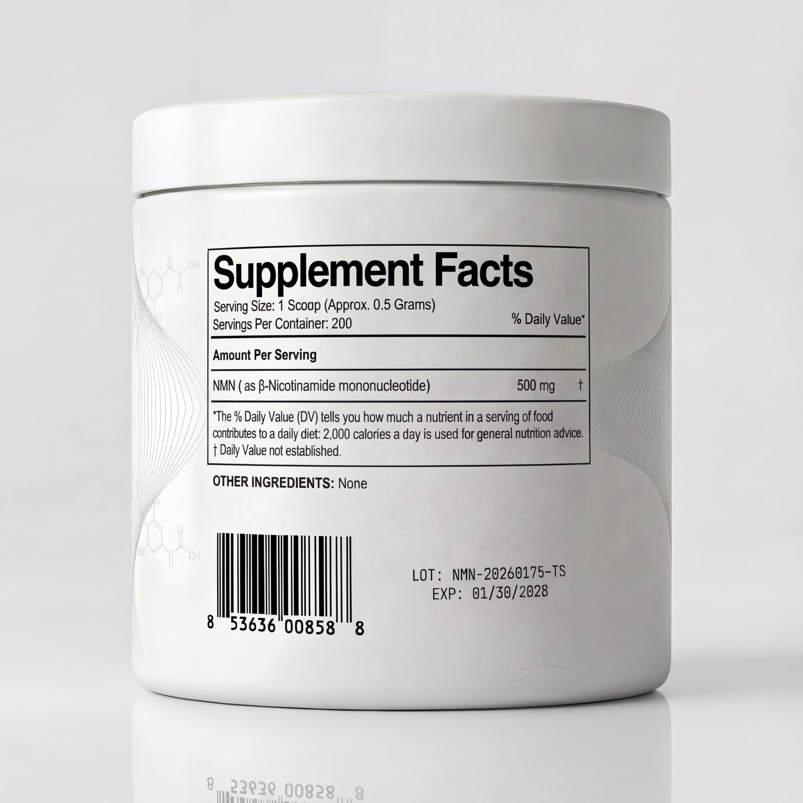 Powders NMN powder scoop next to packaging
