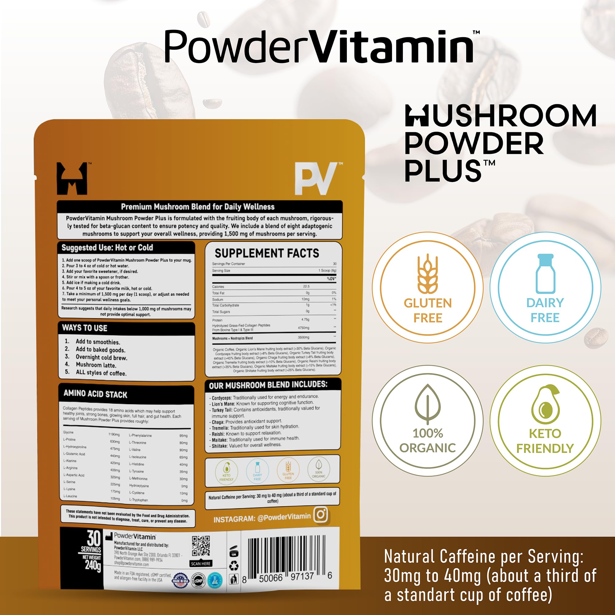 PowderVitamin Mushroom Powder Plus Organic Mushroom Coffee ingredients close-up