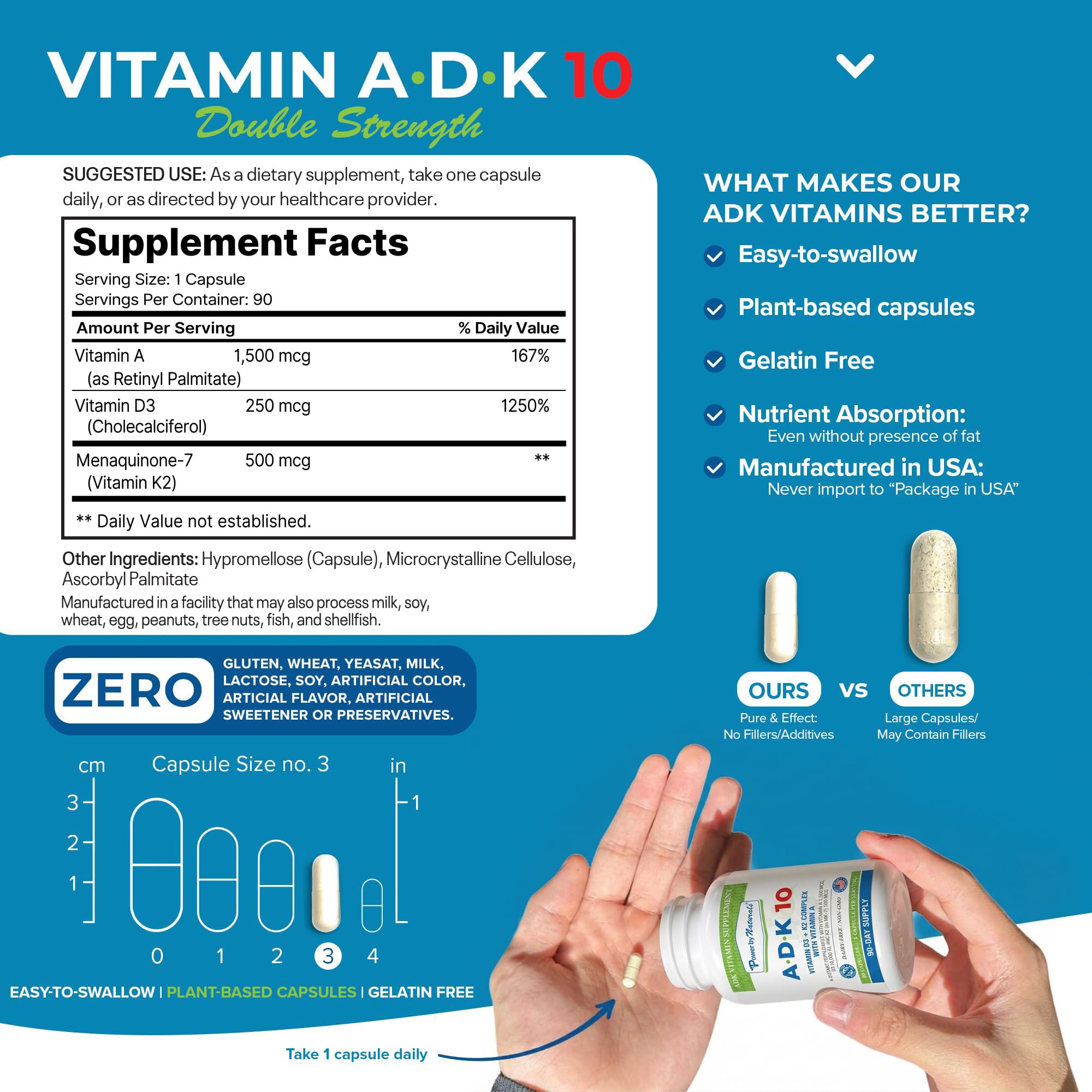Power By Naturals ADK 10 supplement capsules on a wooden table