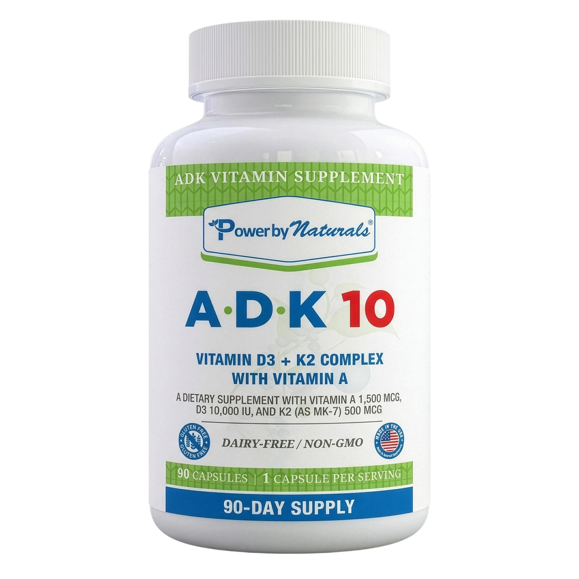 Power By Naturals ADK 10 vitamin A, D3, and K2 supplement bottle front view