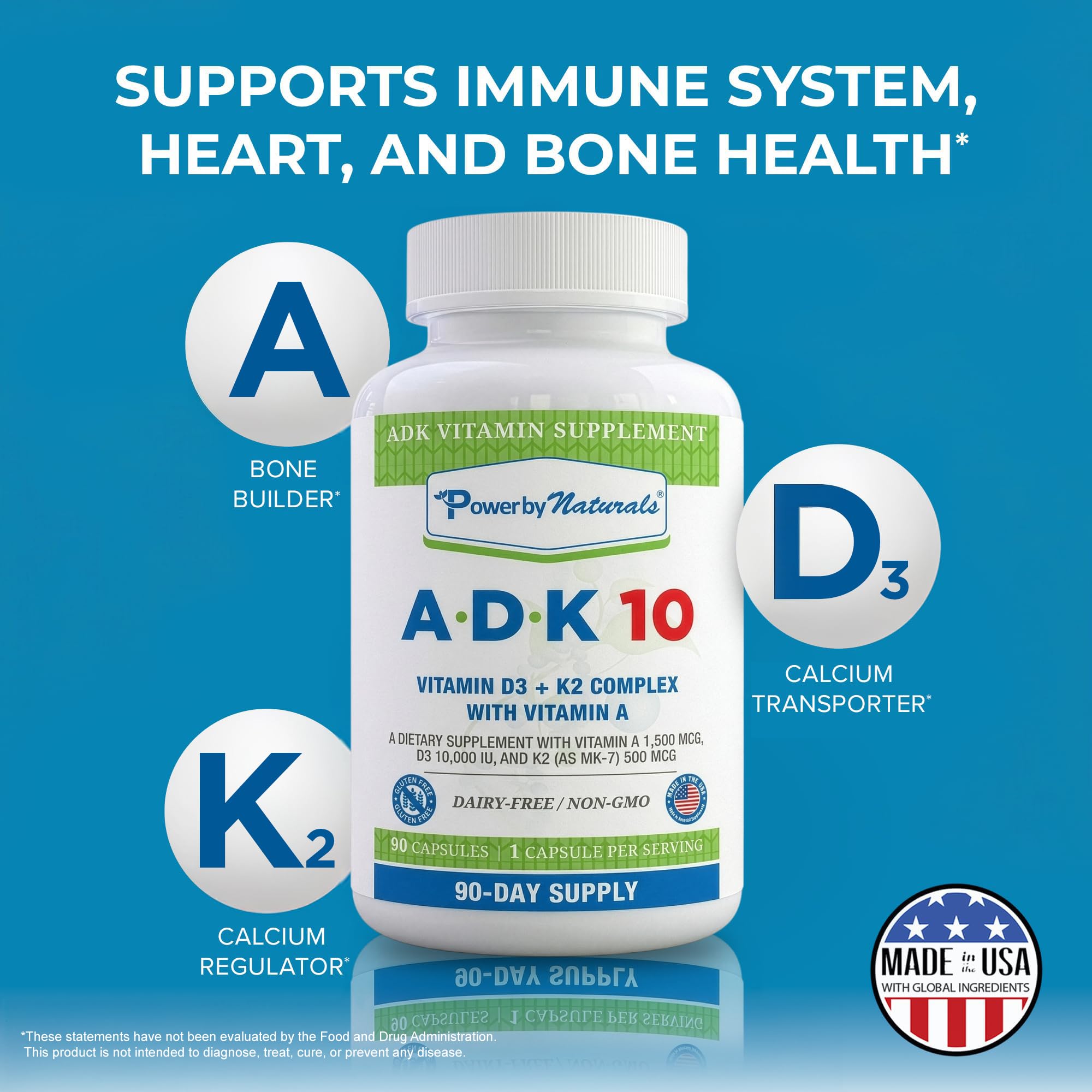 Power By Naturals ADK 10 vitamin A, D3, K2 supplement nutritional information
