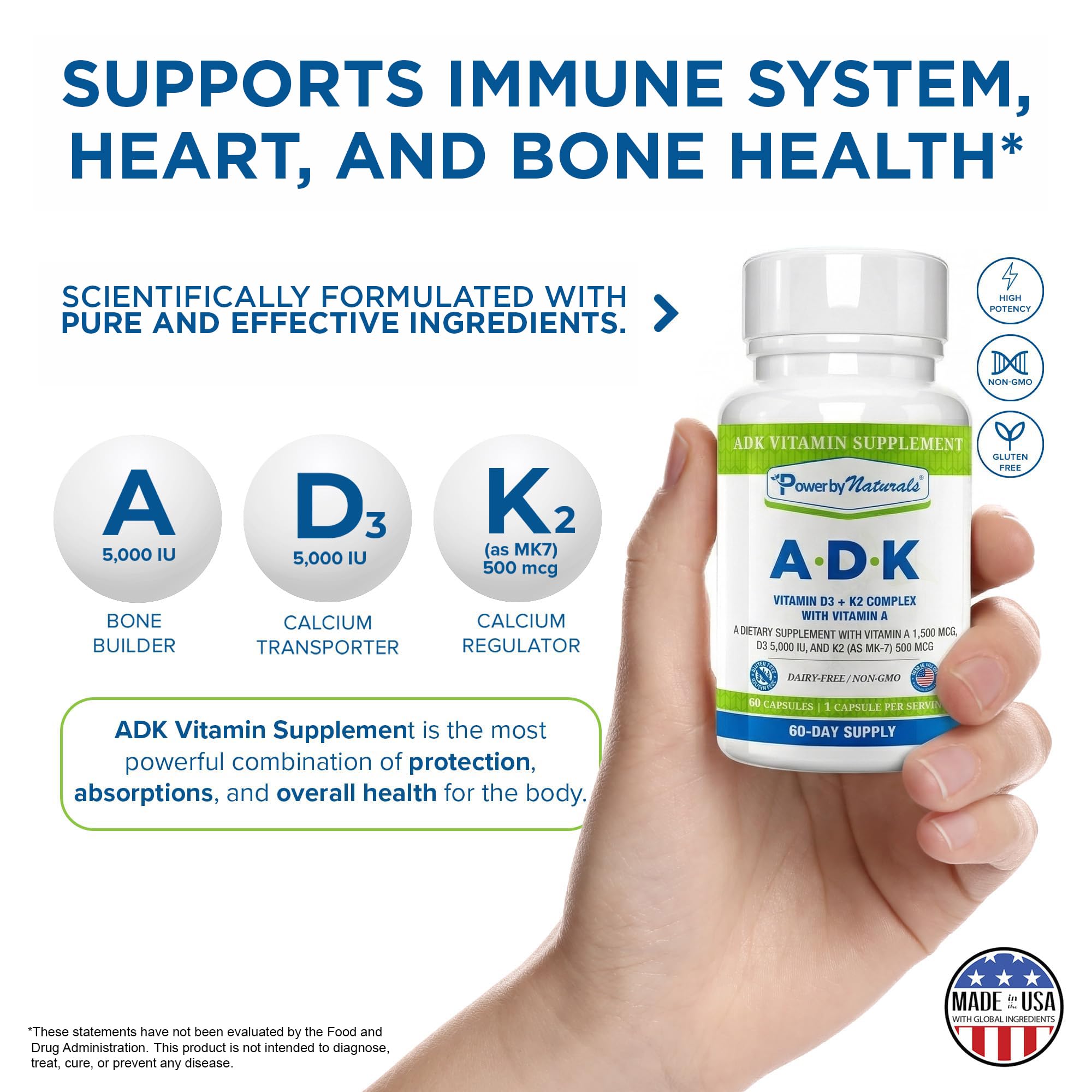 Power By Naturals ADK Supplement displayed with other vitamins