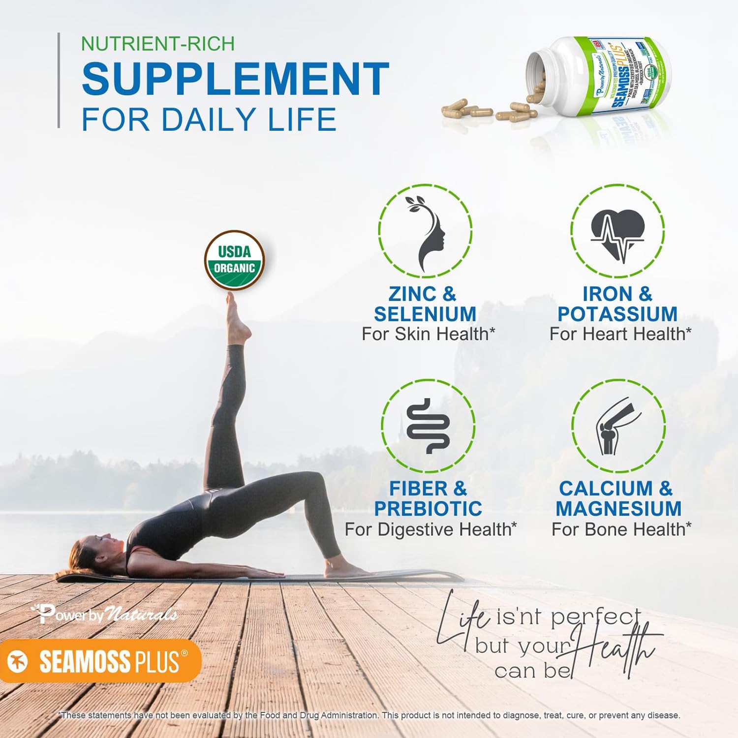 Power By Naturals Sea Moss Plus Capsules on a kitchen counter