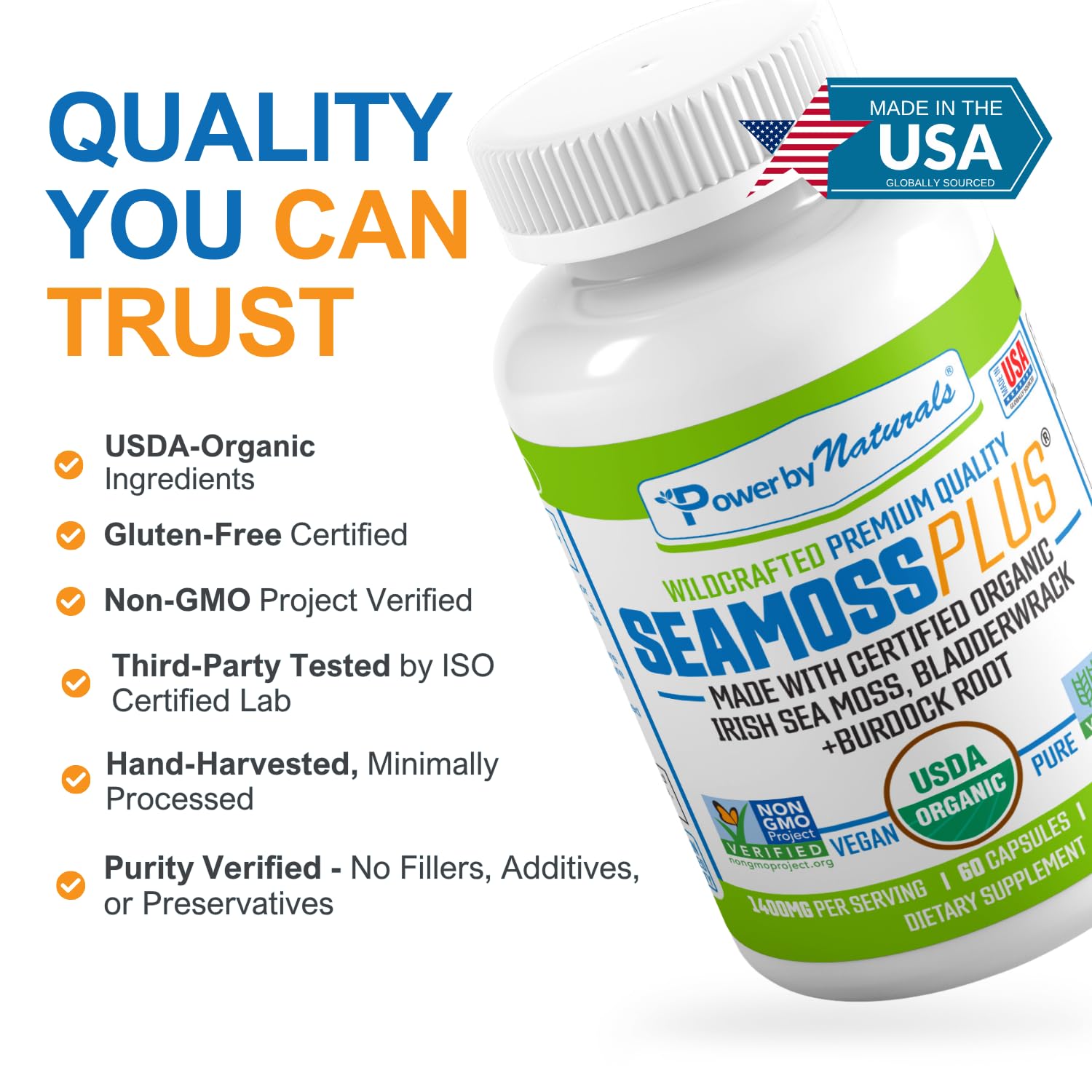 Power By Naturals Sea Moss Plus Capsules with measuring spoon
