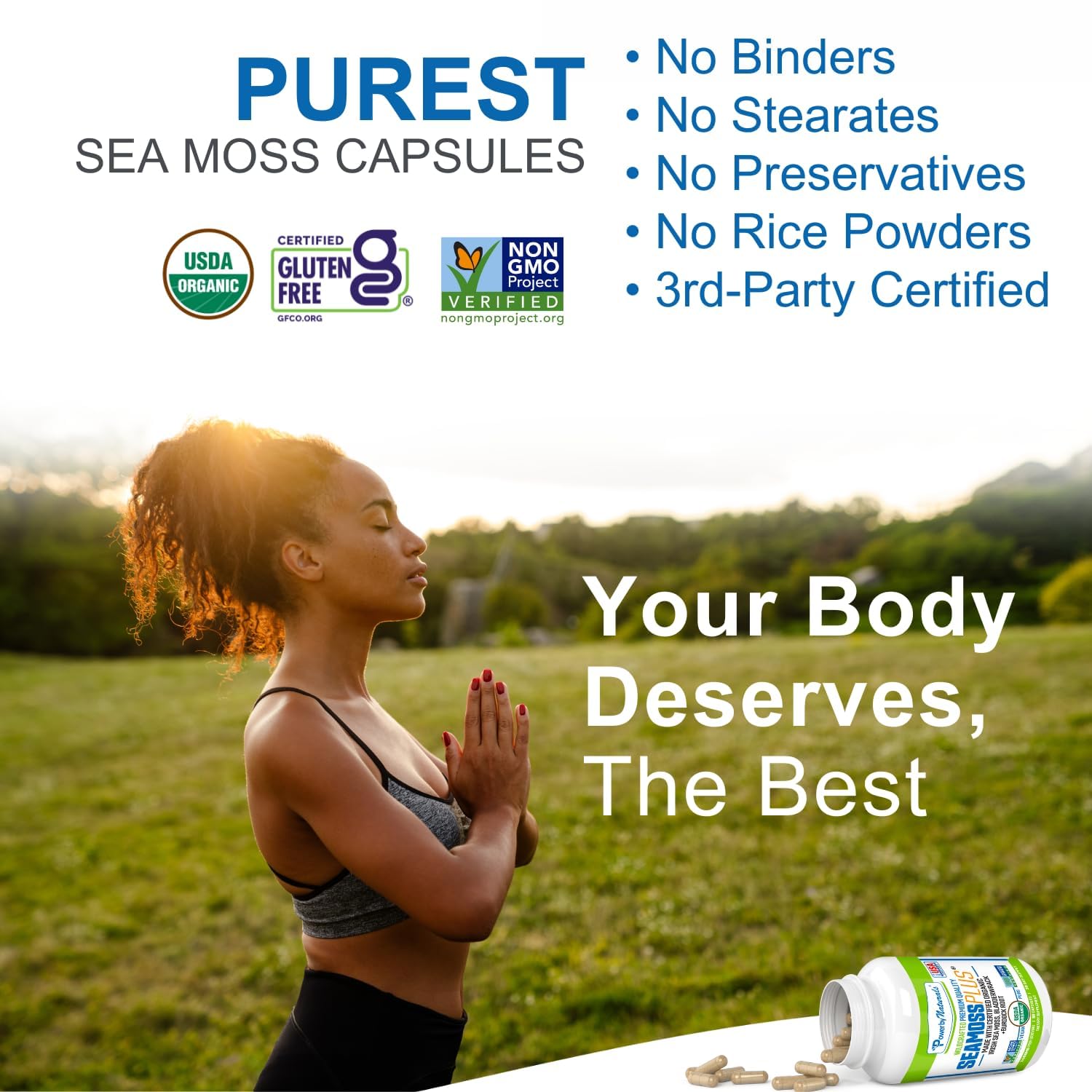 Power By Naturals Sea Moss Plus organic capsules in a kitchen setting