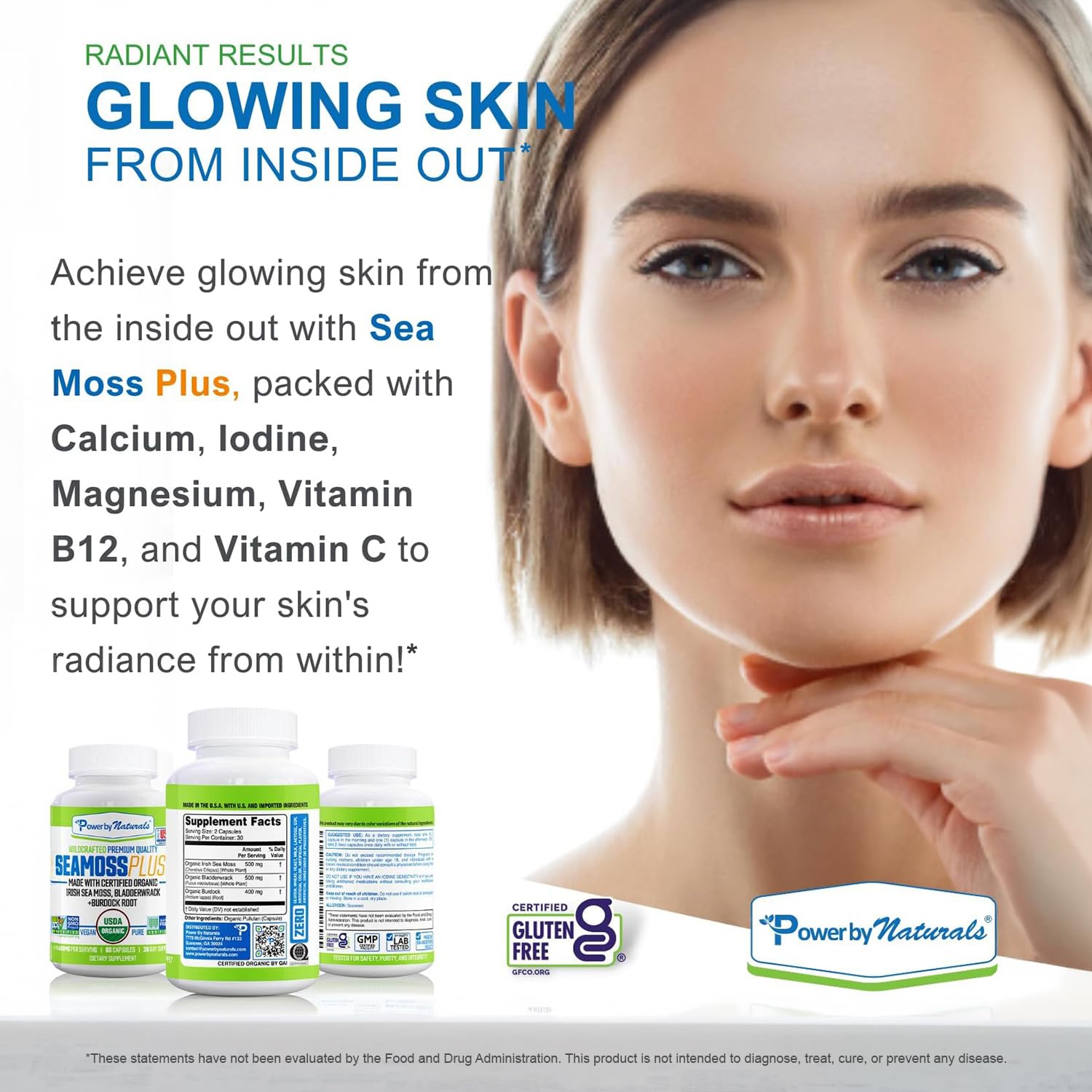 Power By Naturals Sea Moss Plus organic capsules on a wooden table