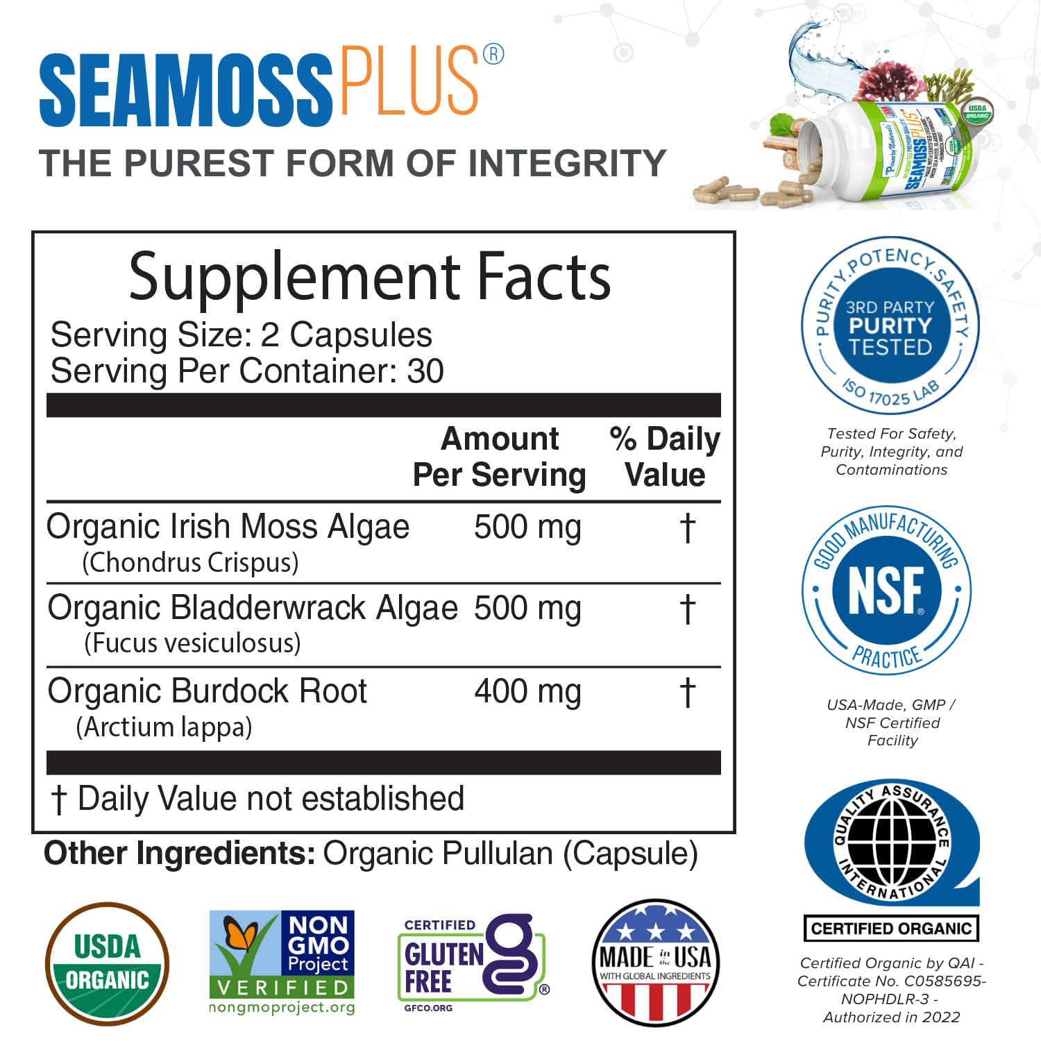 Power By Naturals Sea Moss Plus organic capsules side view