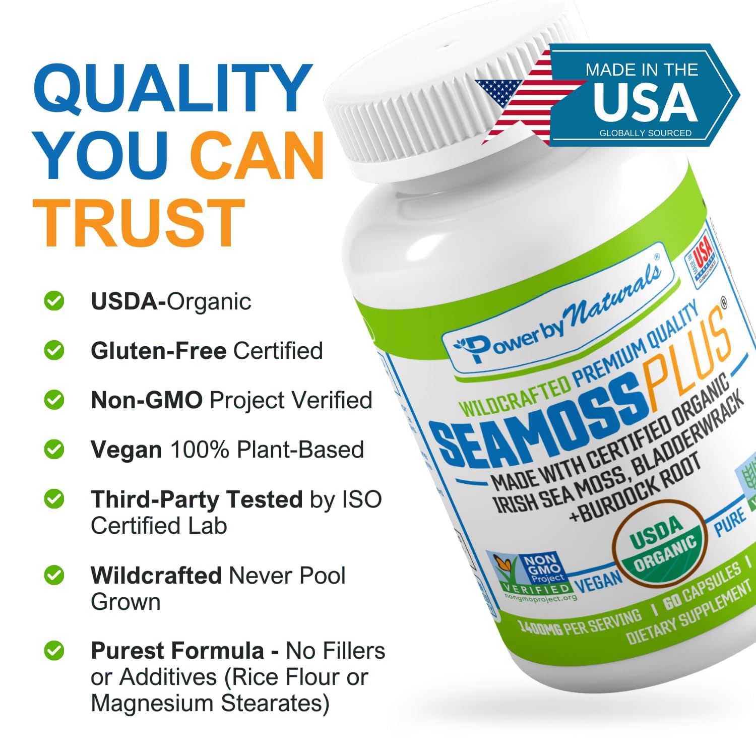 Power By Naturals Sea Moss Plus organic capsules with nutritional information