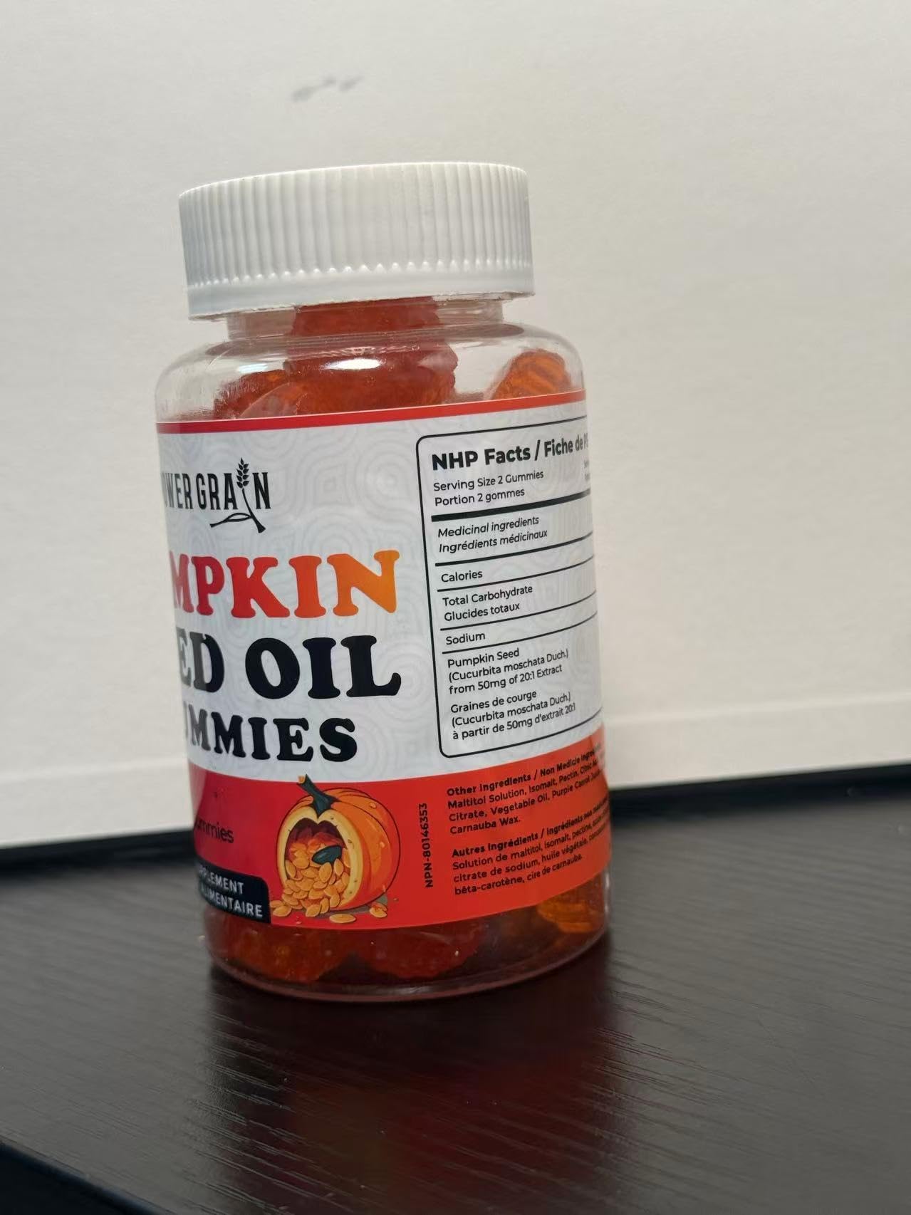 Power Grain Pumpkin Seed Oil Gummies packaging details and serving size