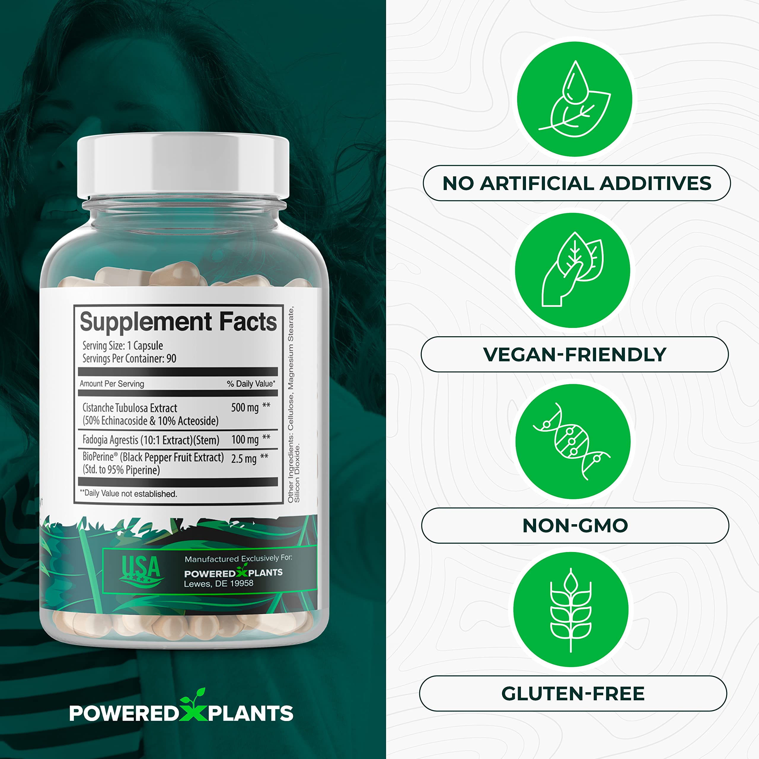 POWERED X PLANTS Cistanche Extract Capsules on a wooden table