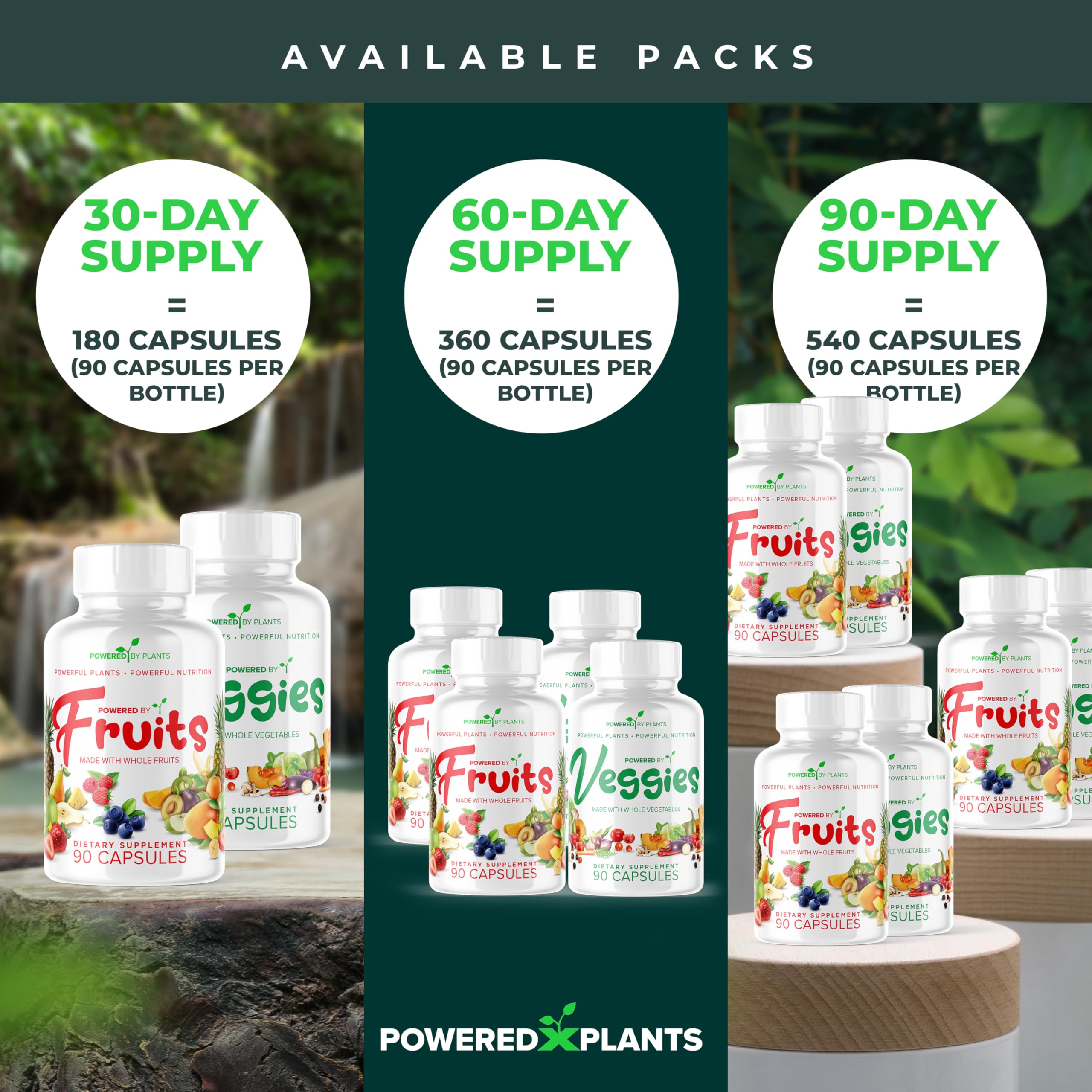 POWERED X PLANTS Fruit and Vegetable Capsules on a wooden table
