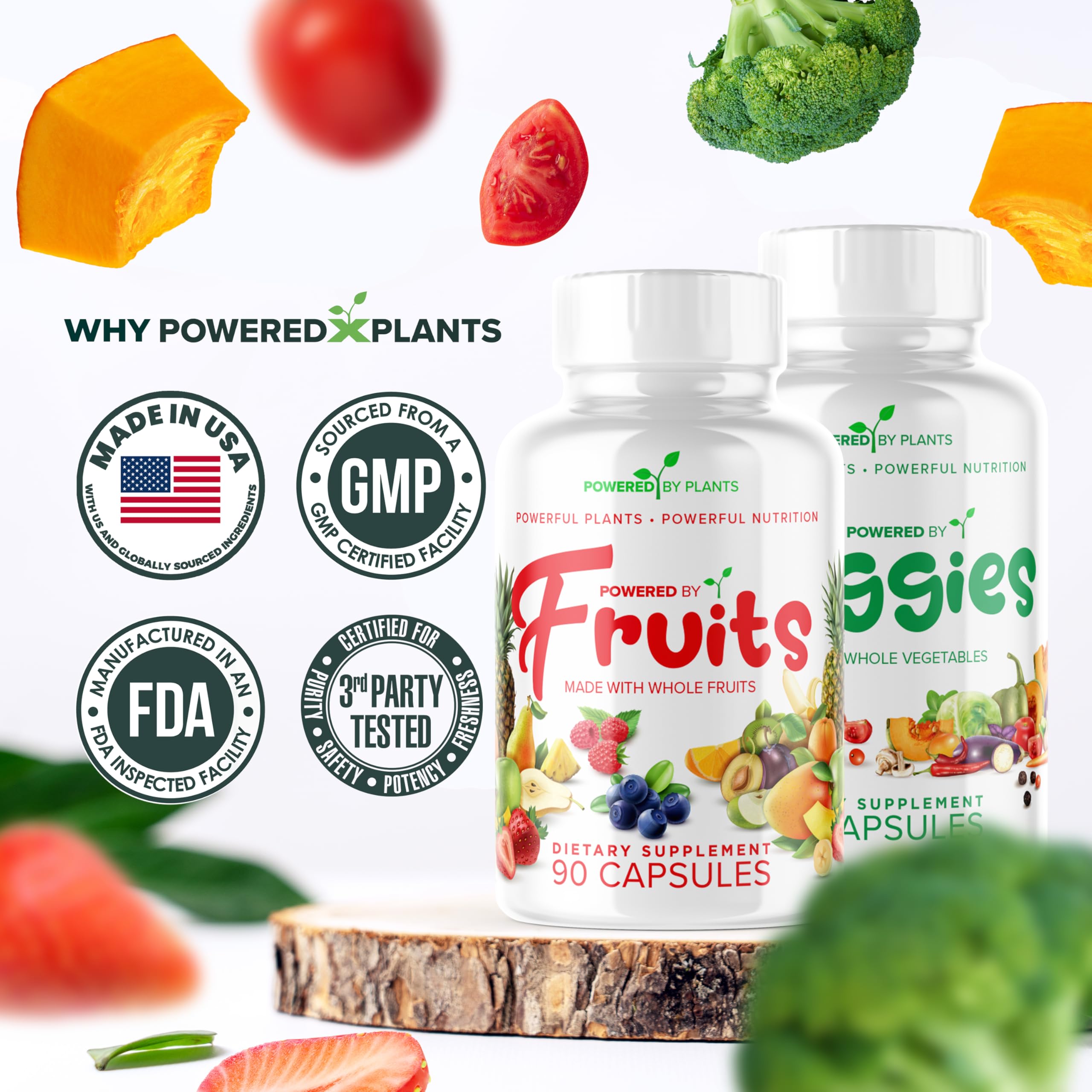 POWERED X PLANTS Fruit and Vegetable Capsules with fresh fruits and vegetables