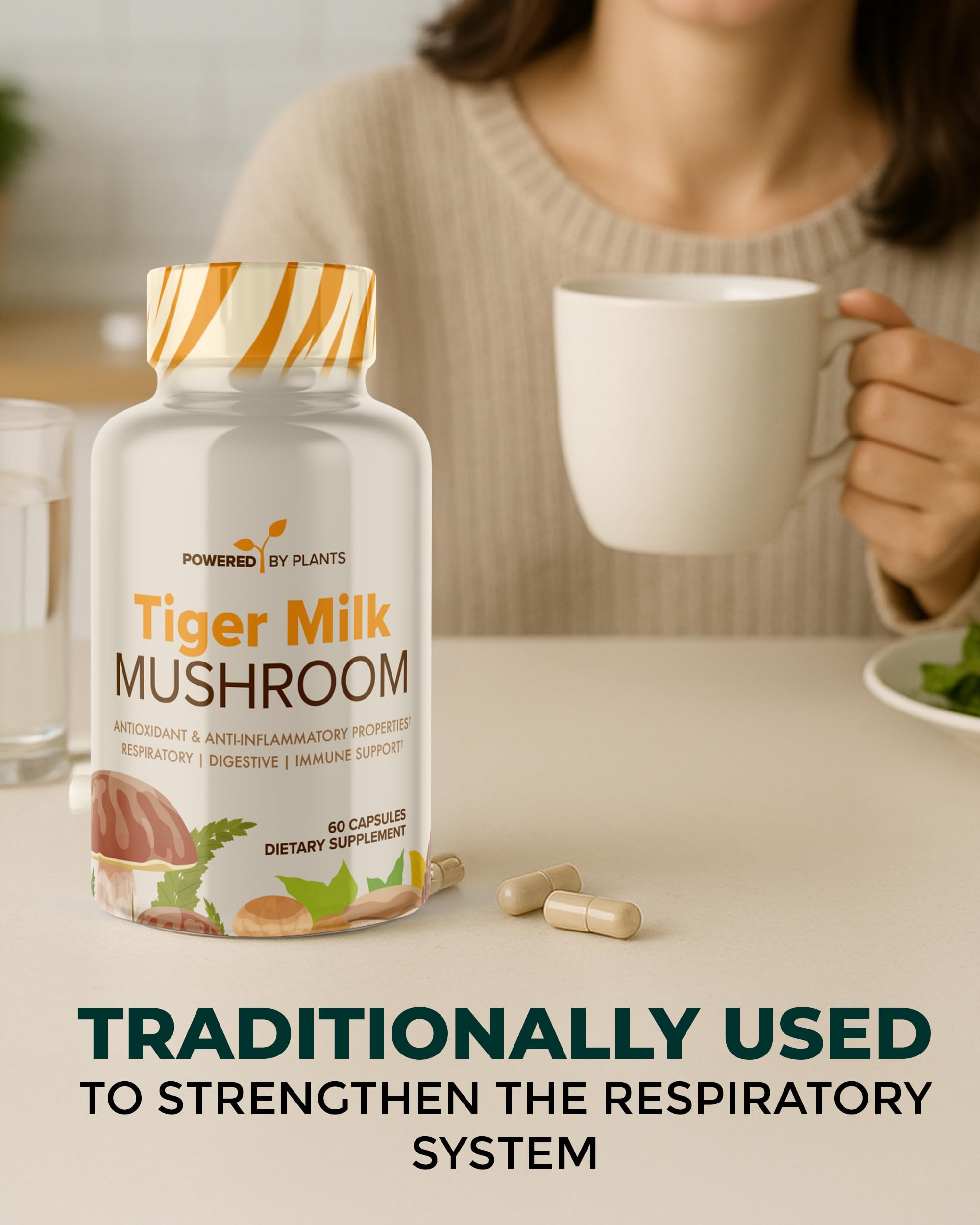 POWERED X PLANTS Tiger Milk Mushroom Capsules with a measuring spoon
