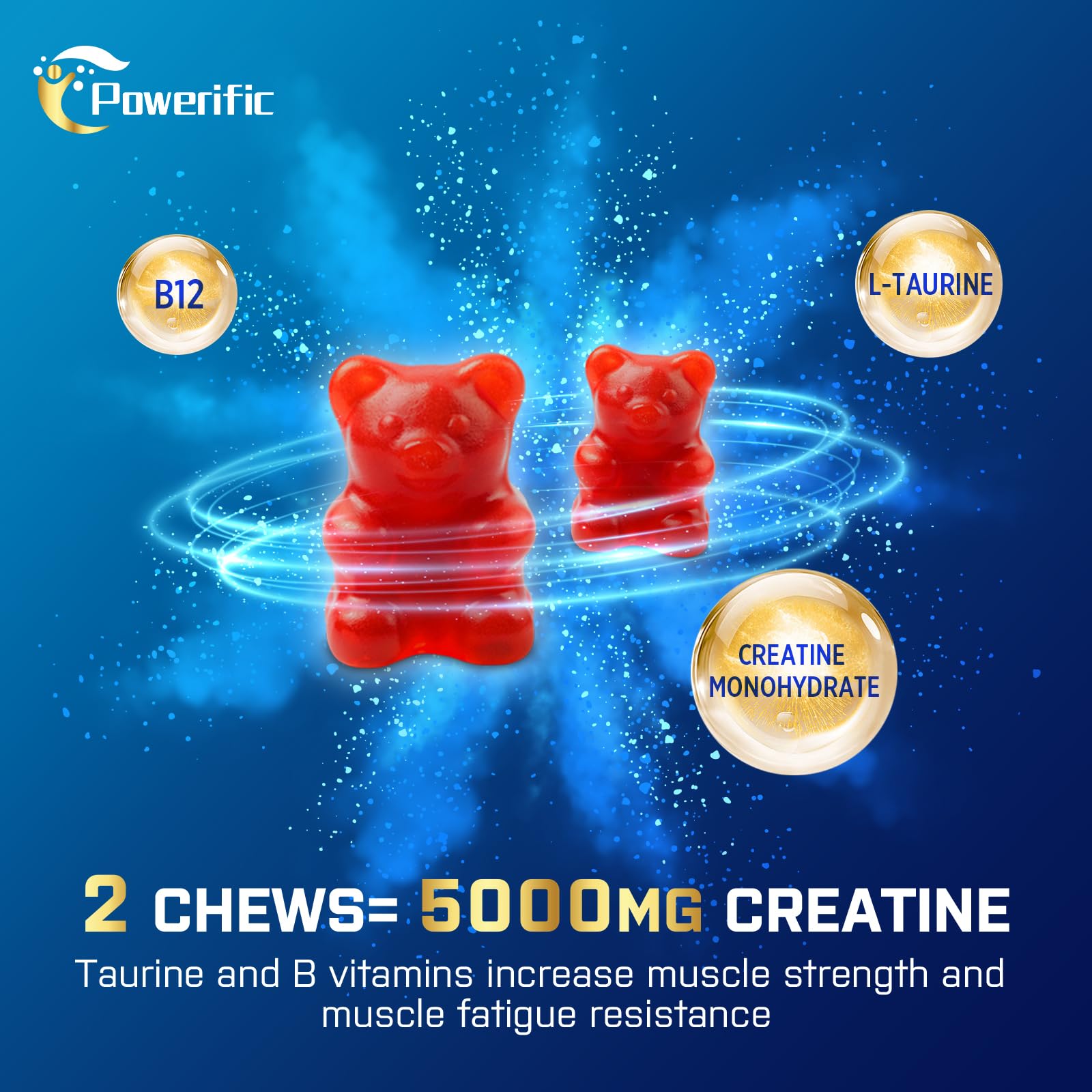 Powerific Creatine Gummies, vegan and gluten-free label