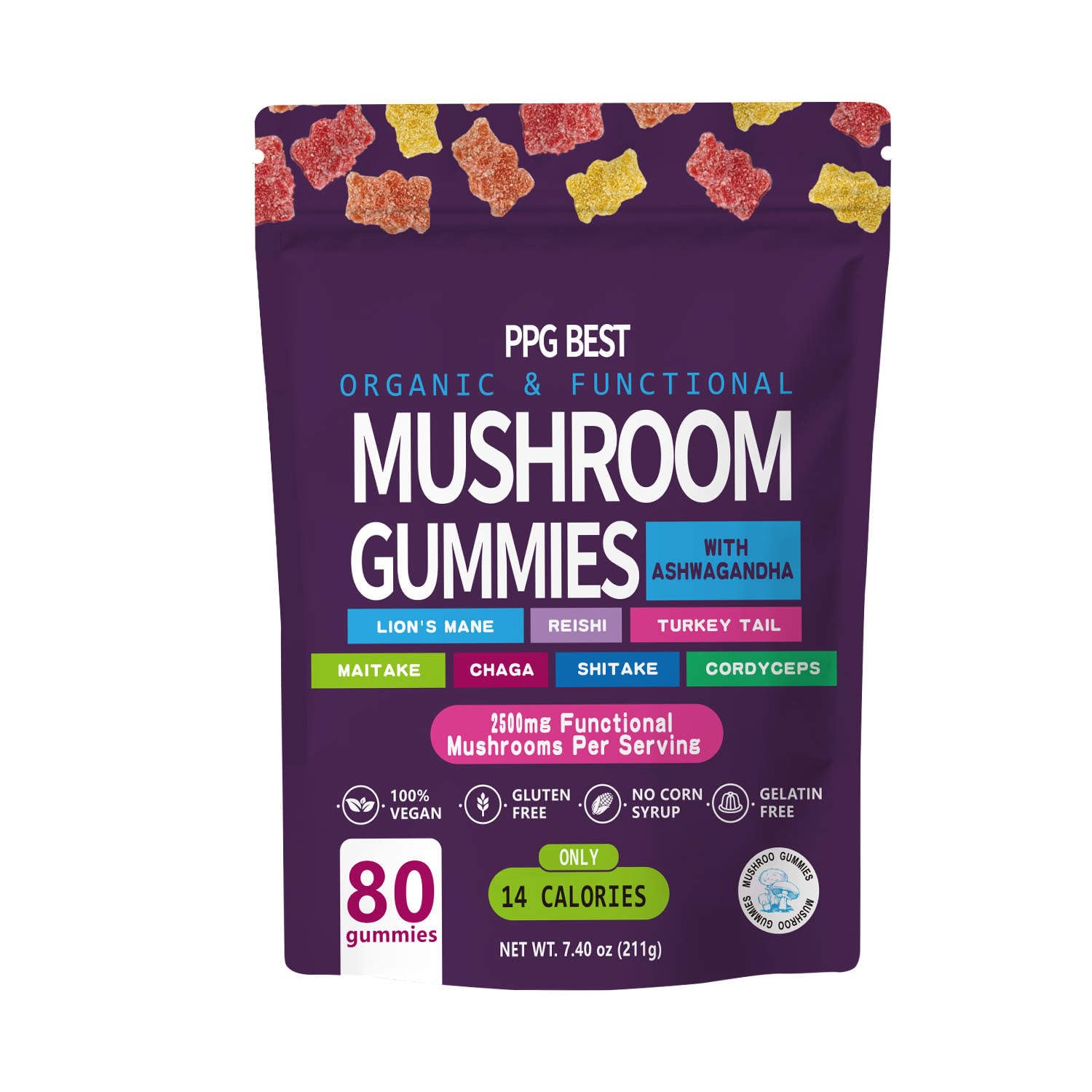 PPG BEST Organic Mushroom Gummies front view with packaging
