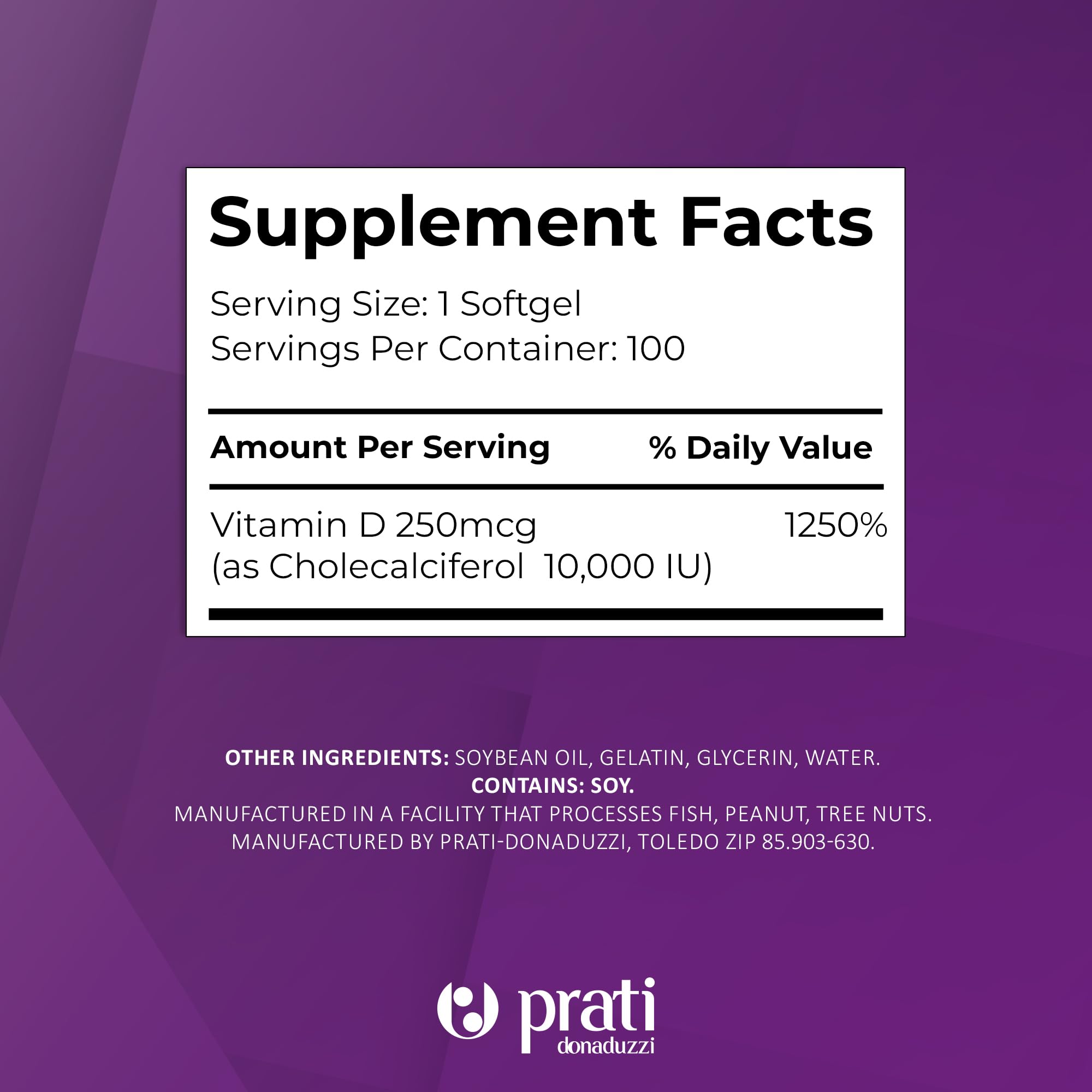 Prati Donaduzzi Vitamin D3 10,000 IU Softgels bottle back view