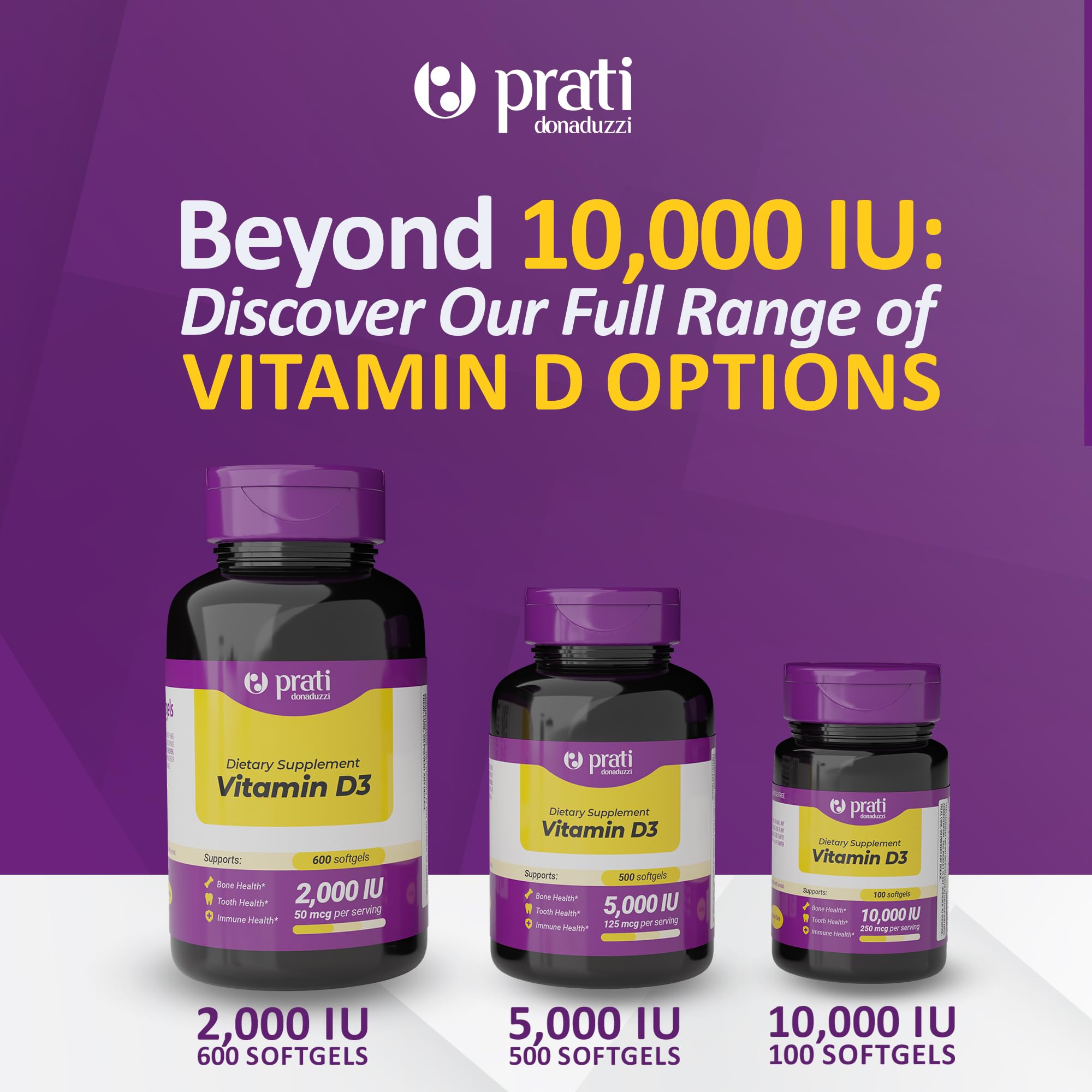 Prati Donaduzzi Vitamin D3 10,000 IU Softgels with a measuring spoon